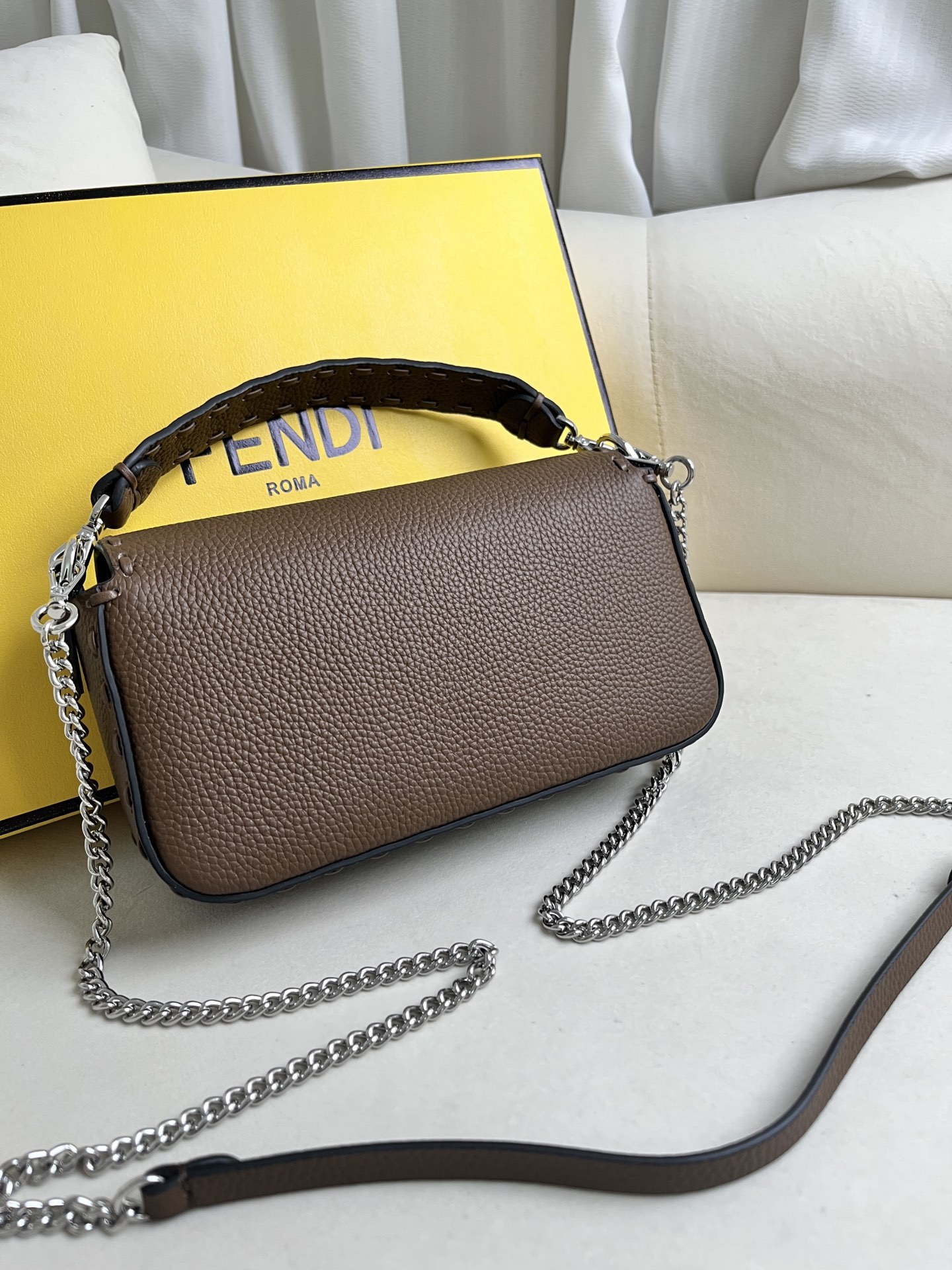 Fendi Baguette Shoulder Bag in Khaki Leather with Silver Chain 6 i1715845419 5682 4