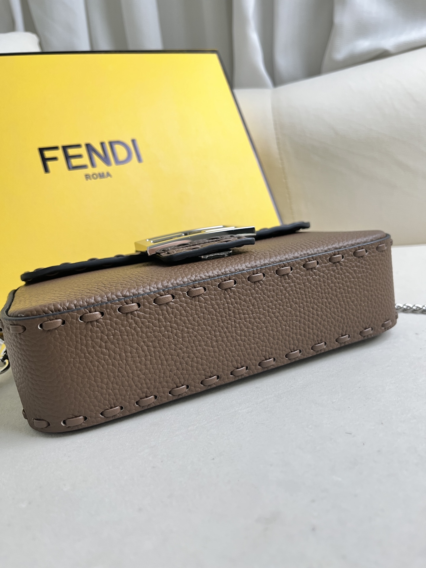 Fendi Baguette Shoulder Bag in Khaki Leather with Silver Chain 10 i1715845419 849 8