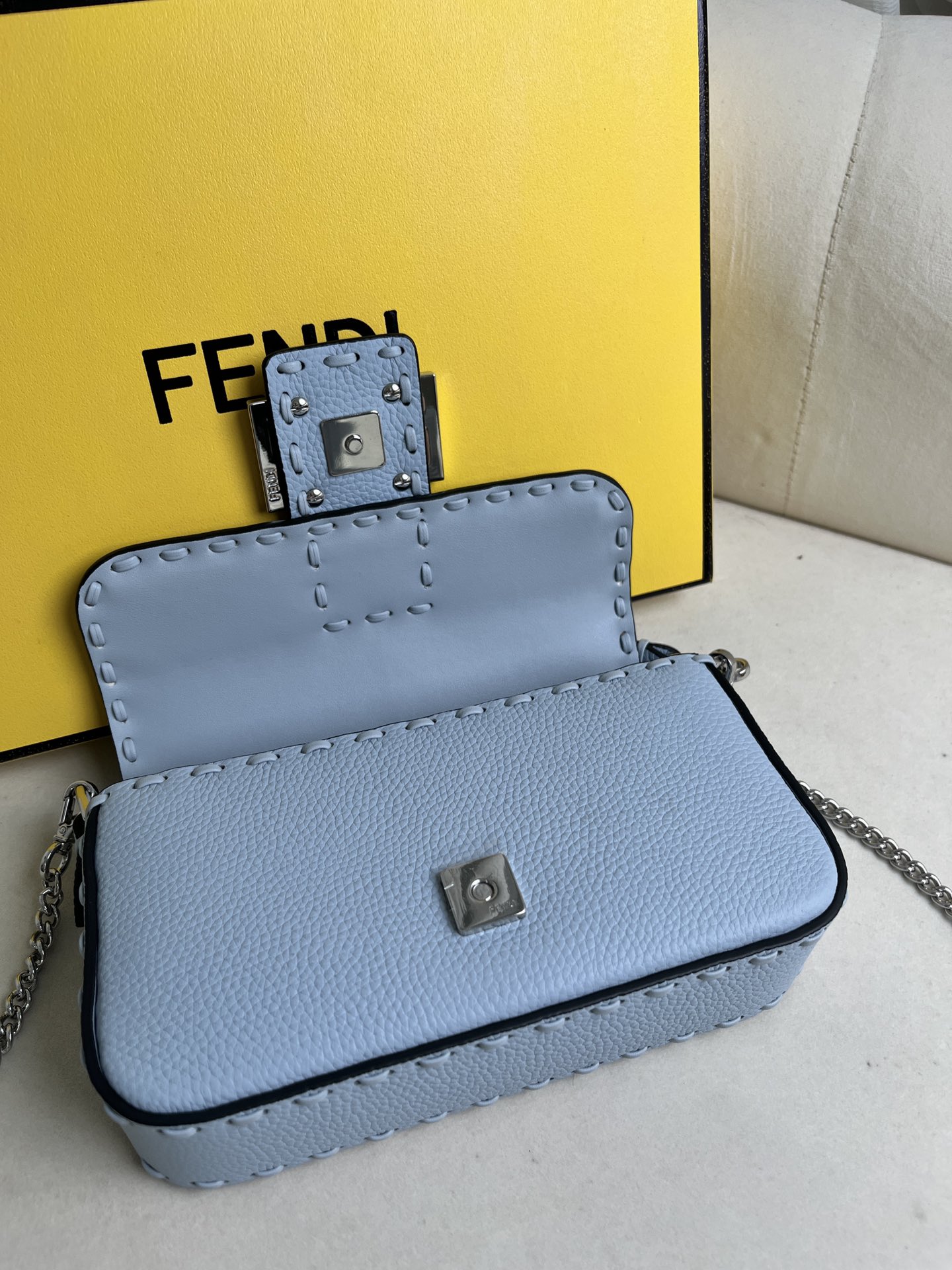 Fendi Baguette Bag Light Blue Leather with Silver Hardware Chain Shoulder Bag 7 i1715845448 1600 5