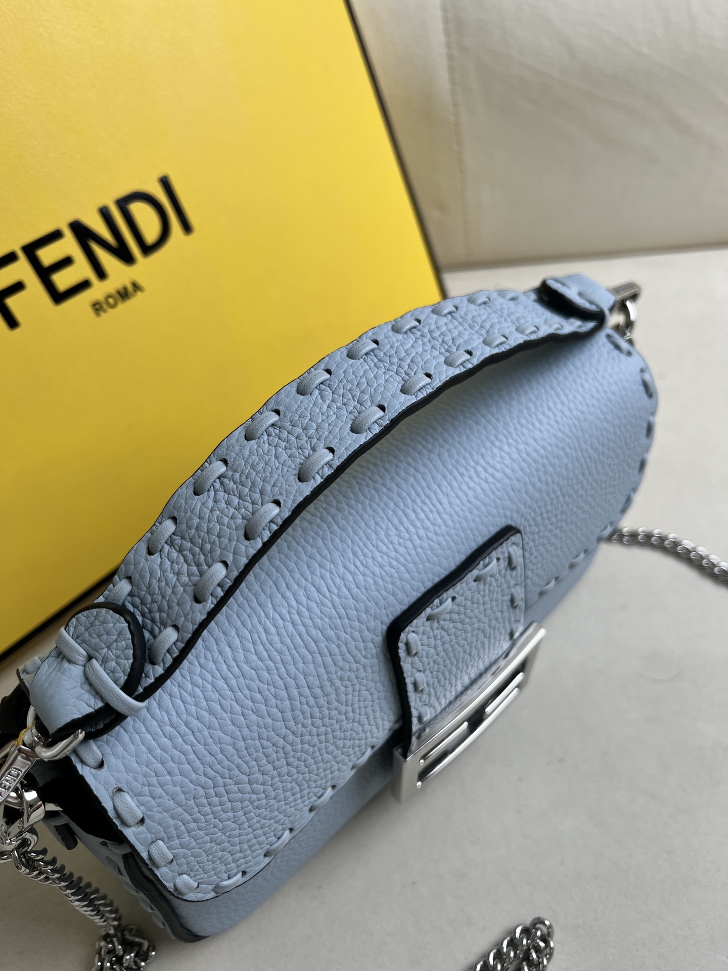 Fendi Baguette Bag Light Blue Leather with Silver Hardware Chain Shoulder Bag 4 i1715845448 2549 2