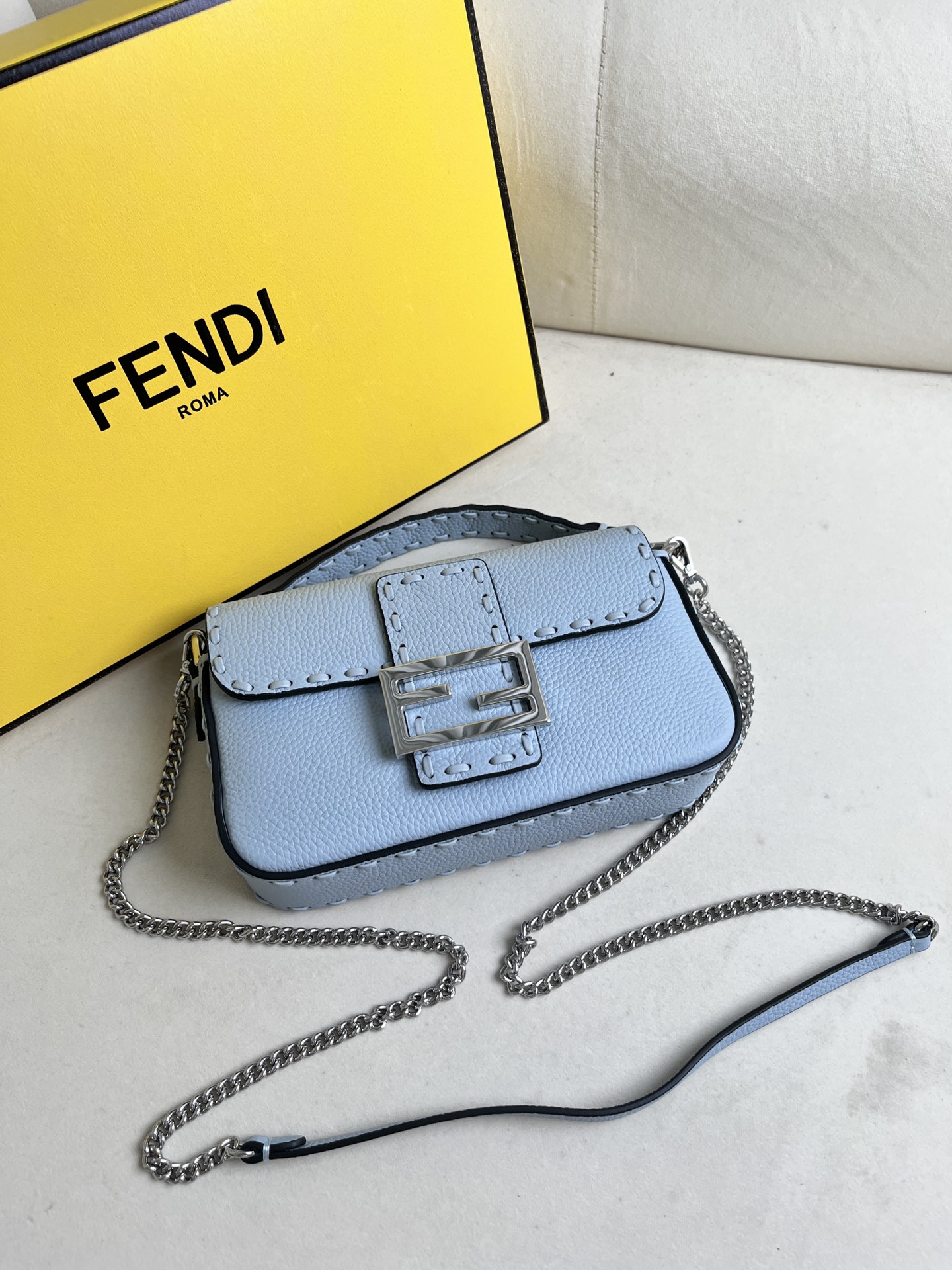 Fendi Baguette Bag Light Blue Leather with Silver Hardware Chain Shoulder Bag 6 i1715845448 3828 4