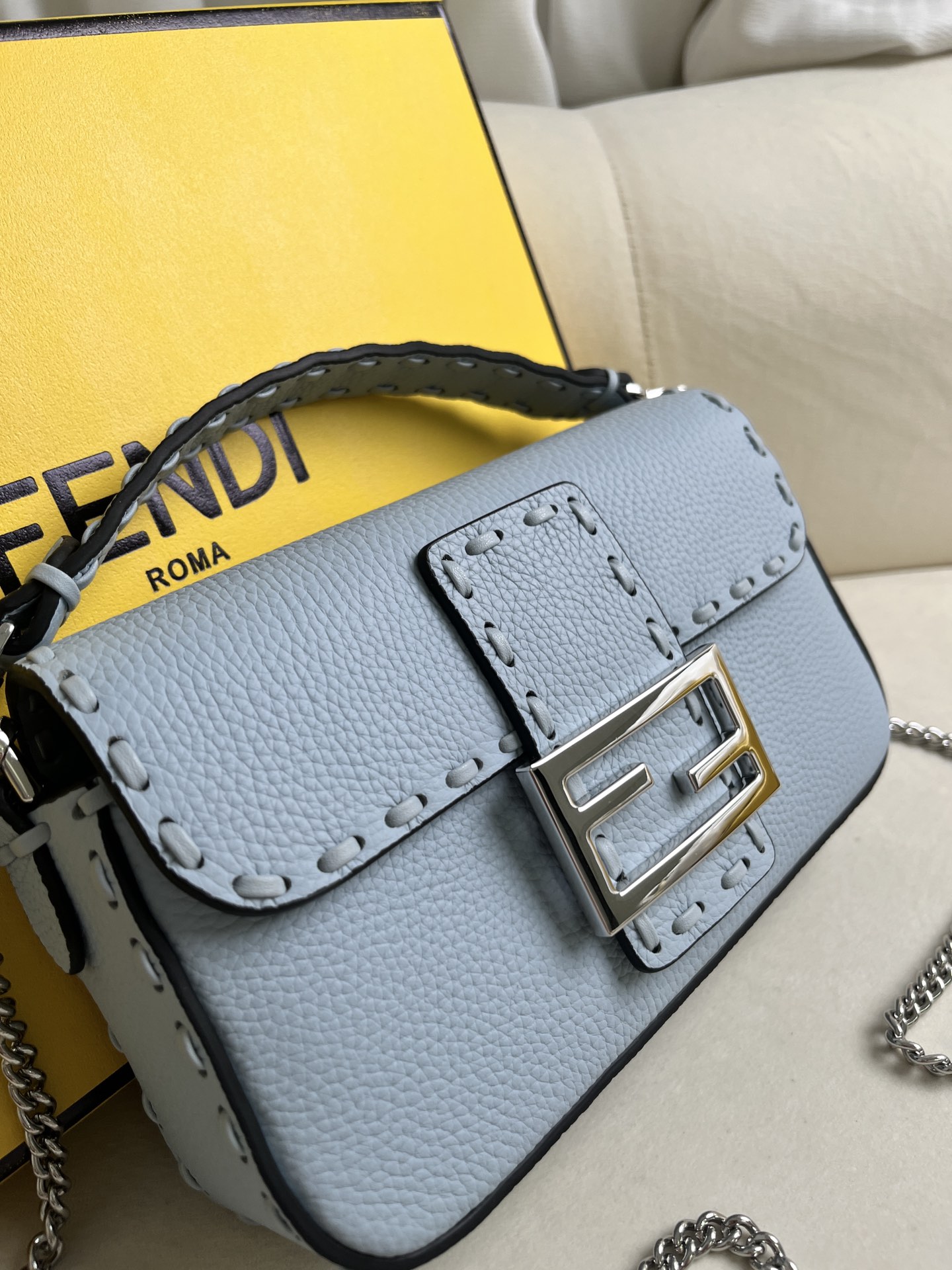 Fendi Baguette Bag Light Blue Leather with Silver Hardware Chain Shoulder Bag 3 i1715845448 577 1