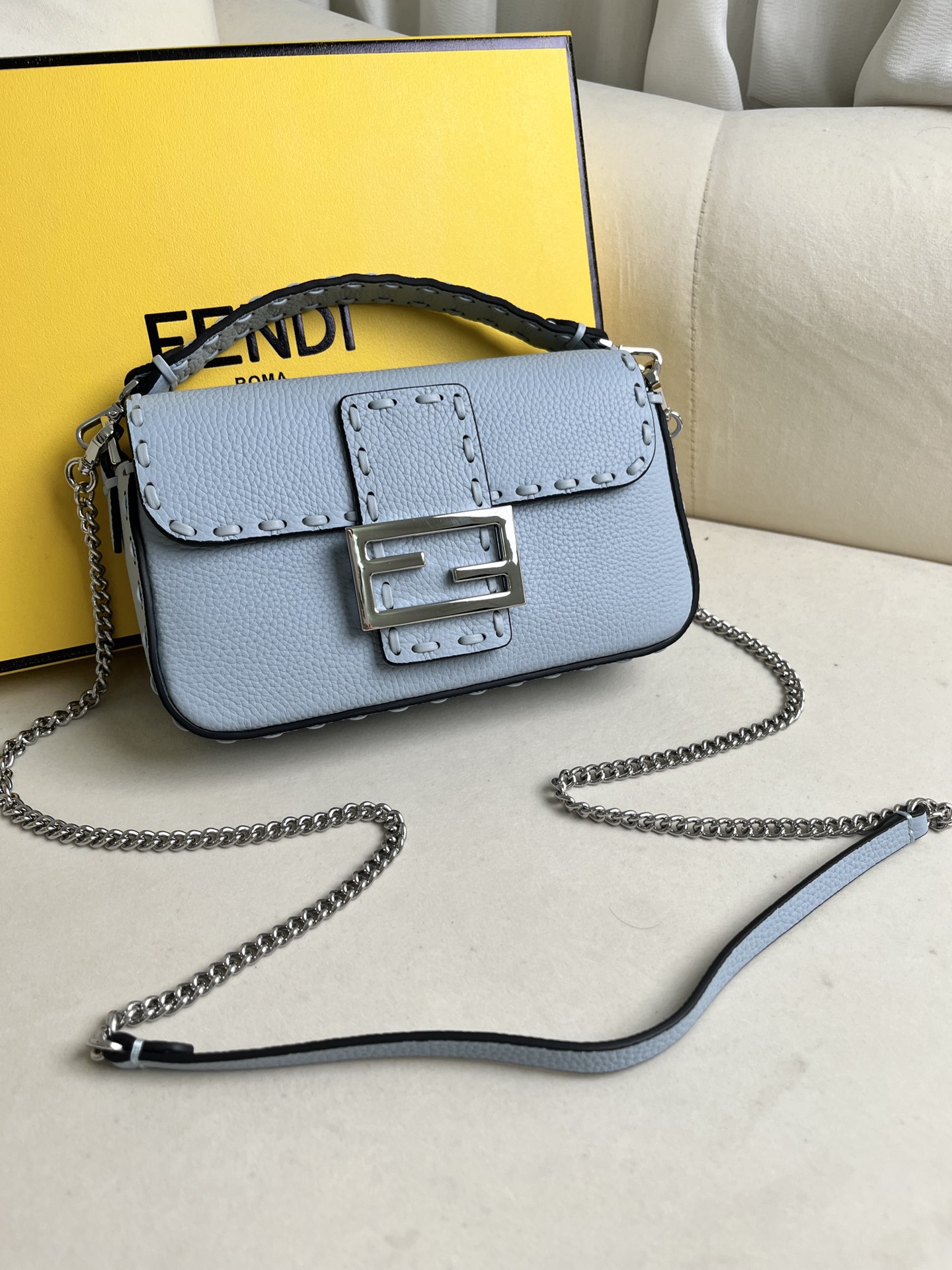Fendi Baguette Bag Light Blue Leather with Silver Hardware Chain Shoulder Bag 2 i1715845448 8856 0
