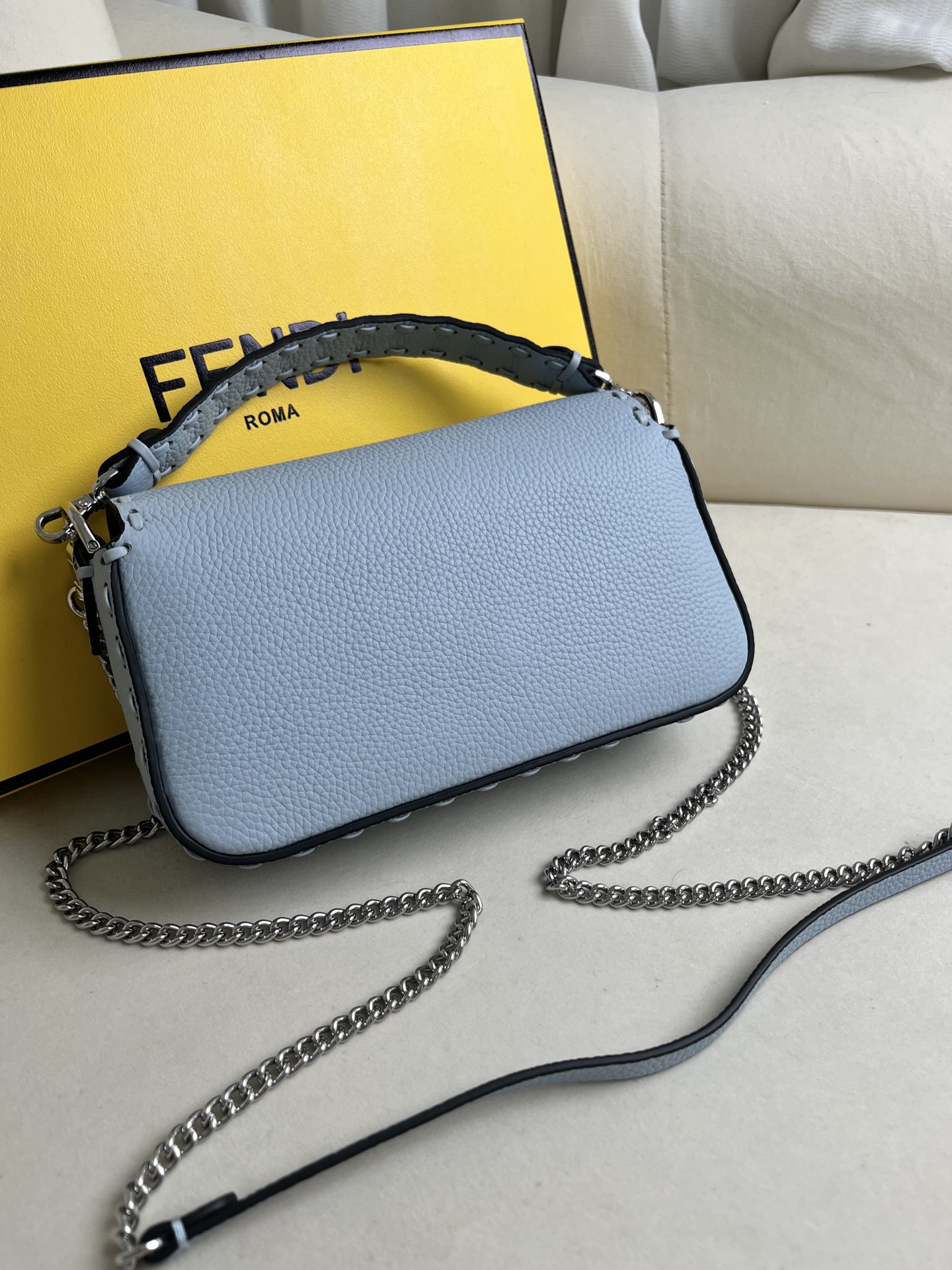 Fendi Baguette Bag Light Blue Leather with Silver Hardware Chain Shoulder Bag 5 i1715845448 9911 3