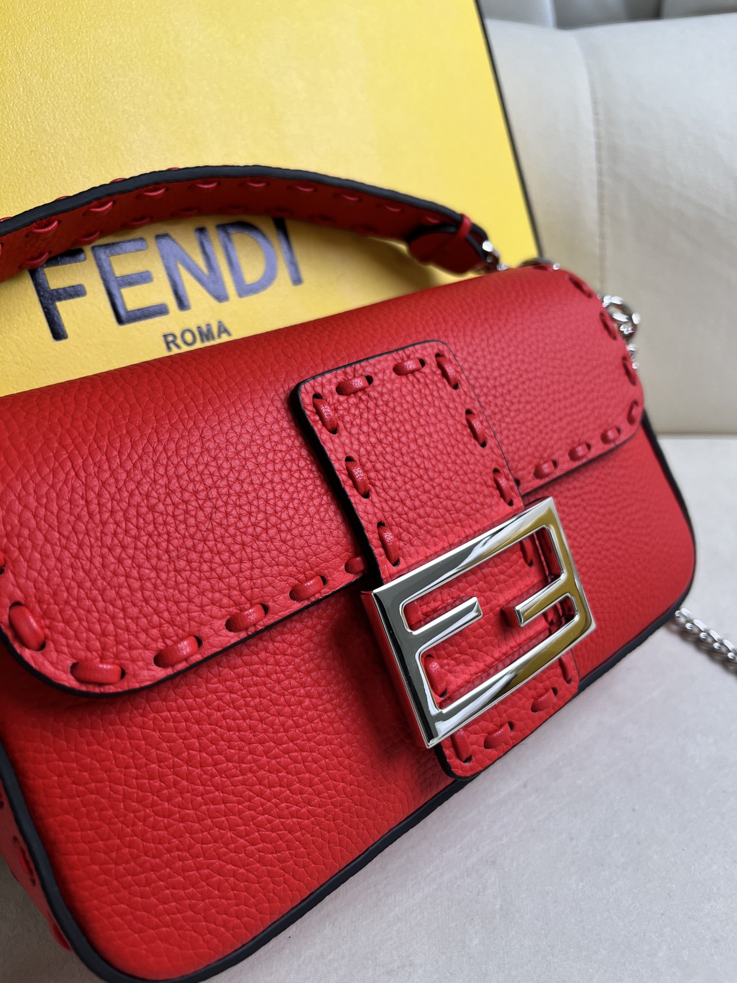 Fendi Baguette Red Leather Shoulder Bag with Chain - Elegant & Stylish 2 i1715845476 6473 1