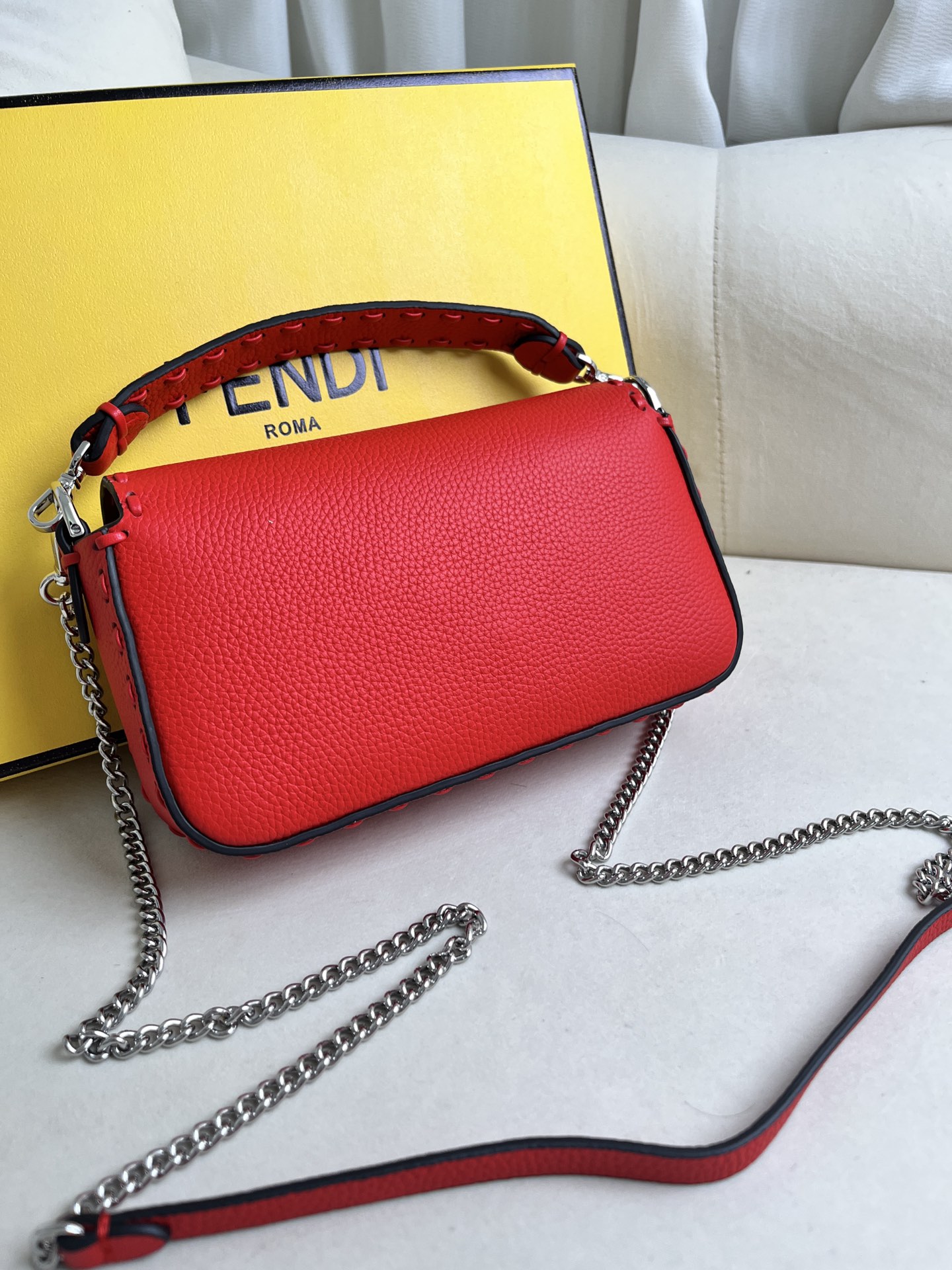 Fendi Baguette Red Leather Shoulder Bag with Chain - Elegant & Stylish 4 i1715845476 9386 3