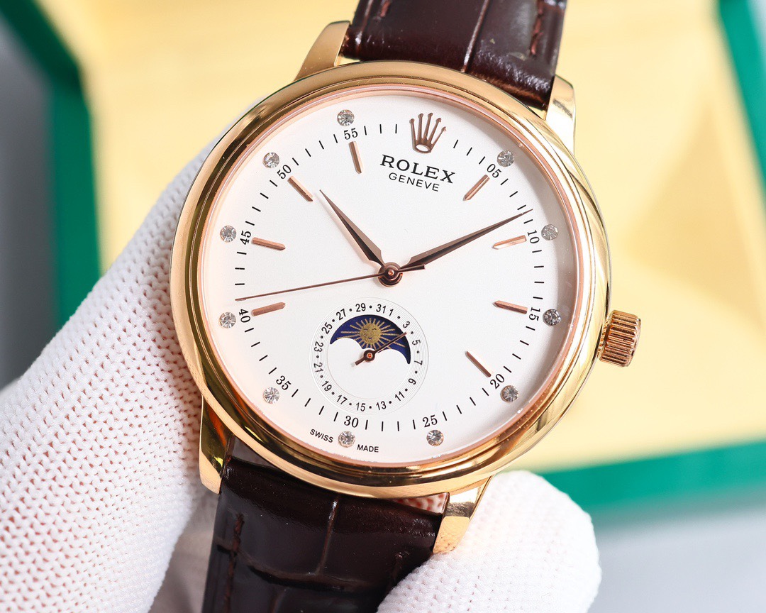 NO:741734,The latest masterpiece of the Taiwan factory, the latest recommended model of the highest version on the market, the Rolex Cellini Moon Phase series. The men's watch is simple yet elegant [Victory] equipped with a precise Swiss ETA2824-2 movement (6-digit true calendar and 24-hour sun, moon and stars function) 40mm diameter, 316 stainless steel case, wear-resistant and scratch-resistant sapphire glass, original quality pin buckle, super waterproof function, and Italian cowhide to make the wrist more comfortable and comfortable!  The Rolex produced by the TW factory fully embodies the purest tradition of the fine watchmaking industry!  Suitable for various business occasions, simple and refined yet elegant!  ,,rolex,cowhide19860909台湾厂最新力作,市场最高版本最新推荐款,劳力士切利尼月相系列.男士腕表简单不失大气[胜利]搭载精准瑞士ETA2824-2机芯（6字位真日历与24小时日月星辰功能）40mm表径,316精钢表壳,耐磨抗刮蓝宝石玻璃,原装品质针扣,具备超强防水功能,搭配意大利牛皮让手腕更贴合舒适！TW工厂出品的劳力士充分体现了高级制表业最纯粹的传统！适合各种商务场合,简敛精致不失优雅！,,rolex,cowhide,Watch