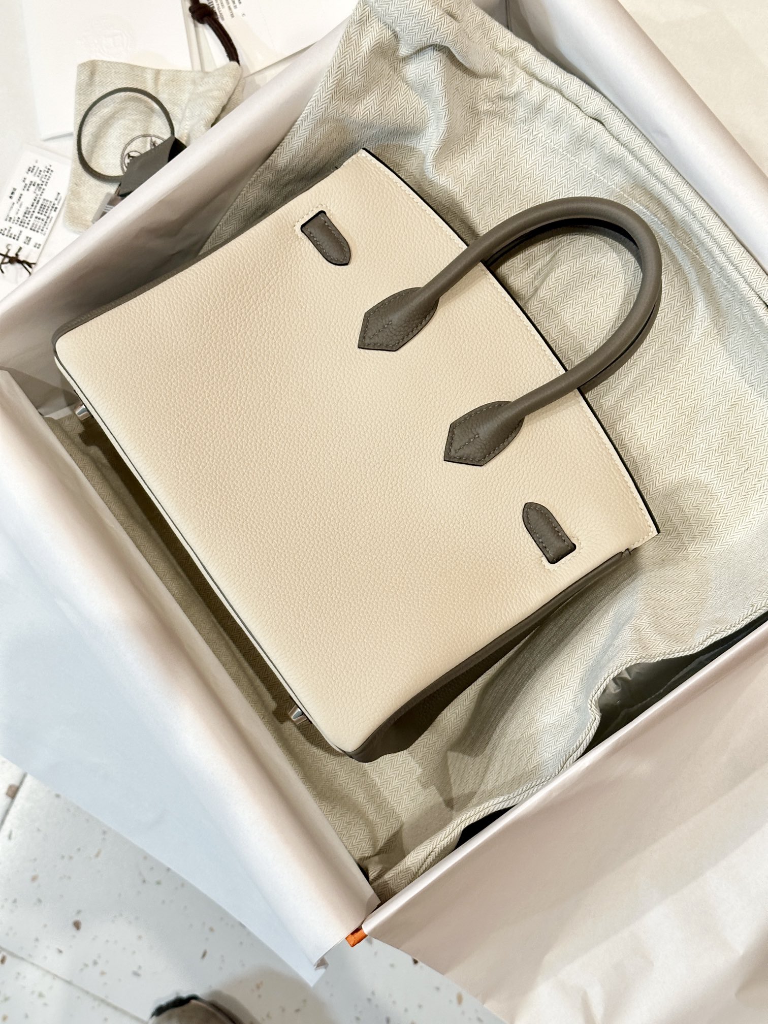 Hermes Birkin Cream and Gray handbag everyday