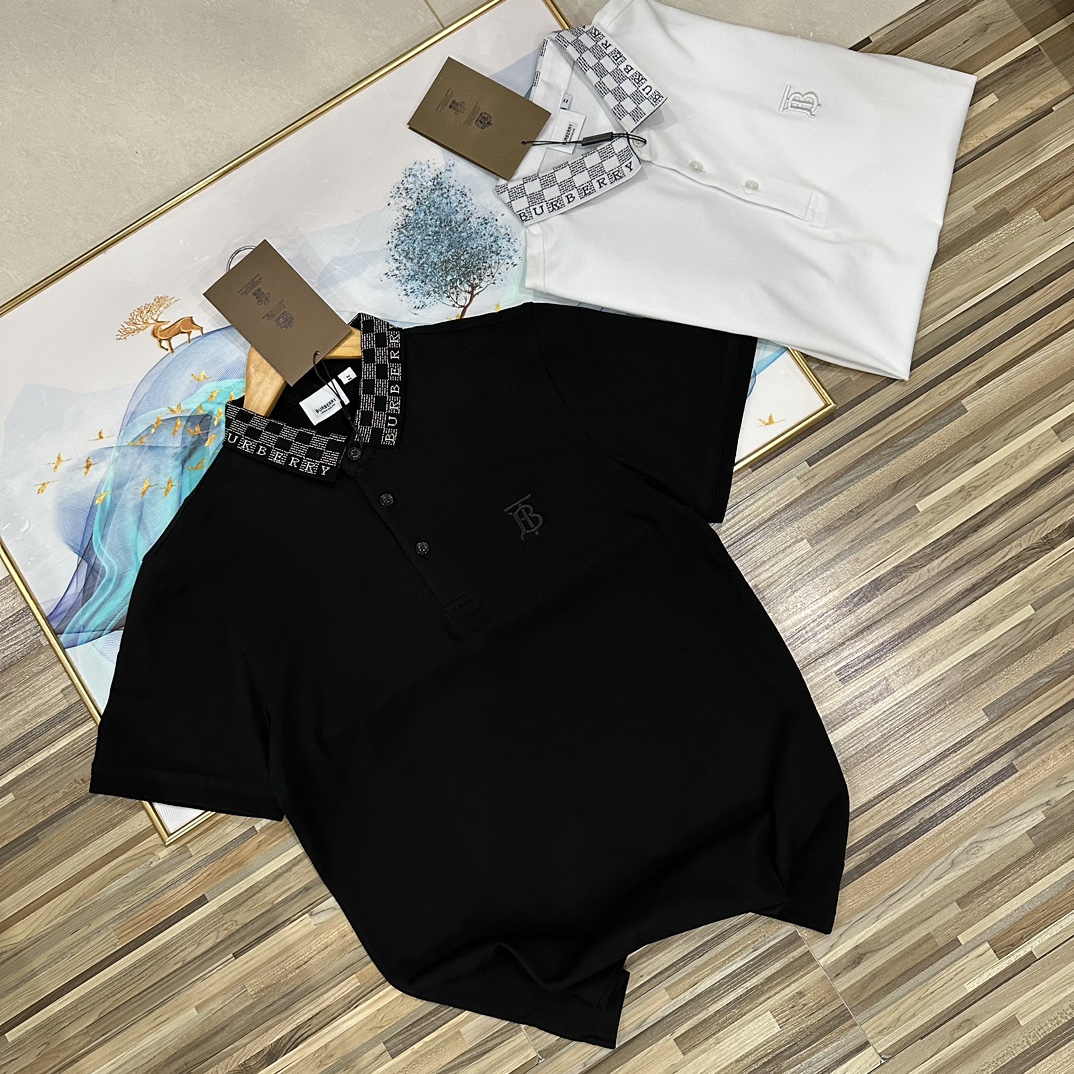 Burberry Kleidung Polo T-Shirt Schwarz Weiß Stickerei Männer Sommerkollektion Fashion Kurzarm