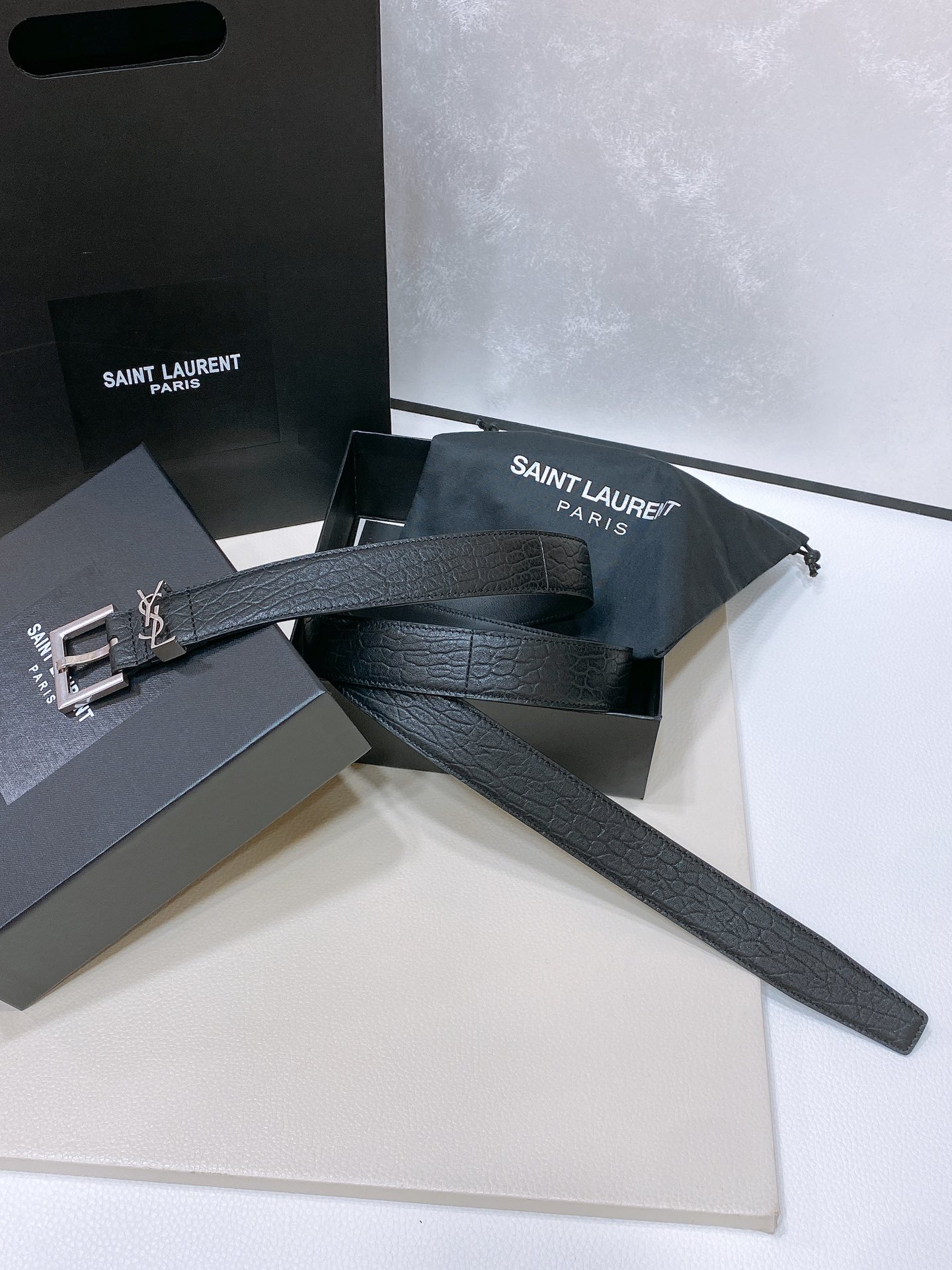 [YSL Belts]LECASSANDRE bark pattern leather beltBelt with adjustable exten