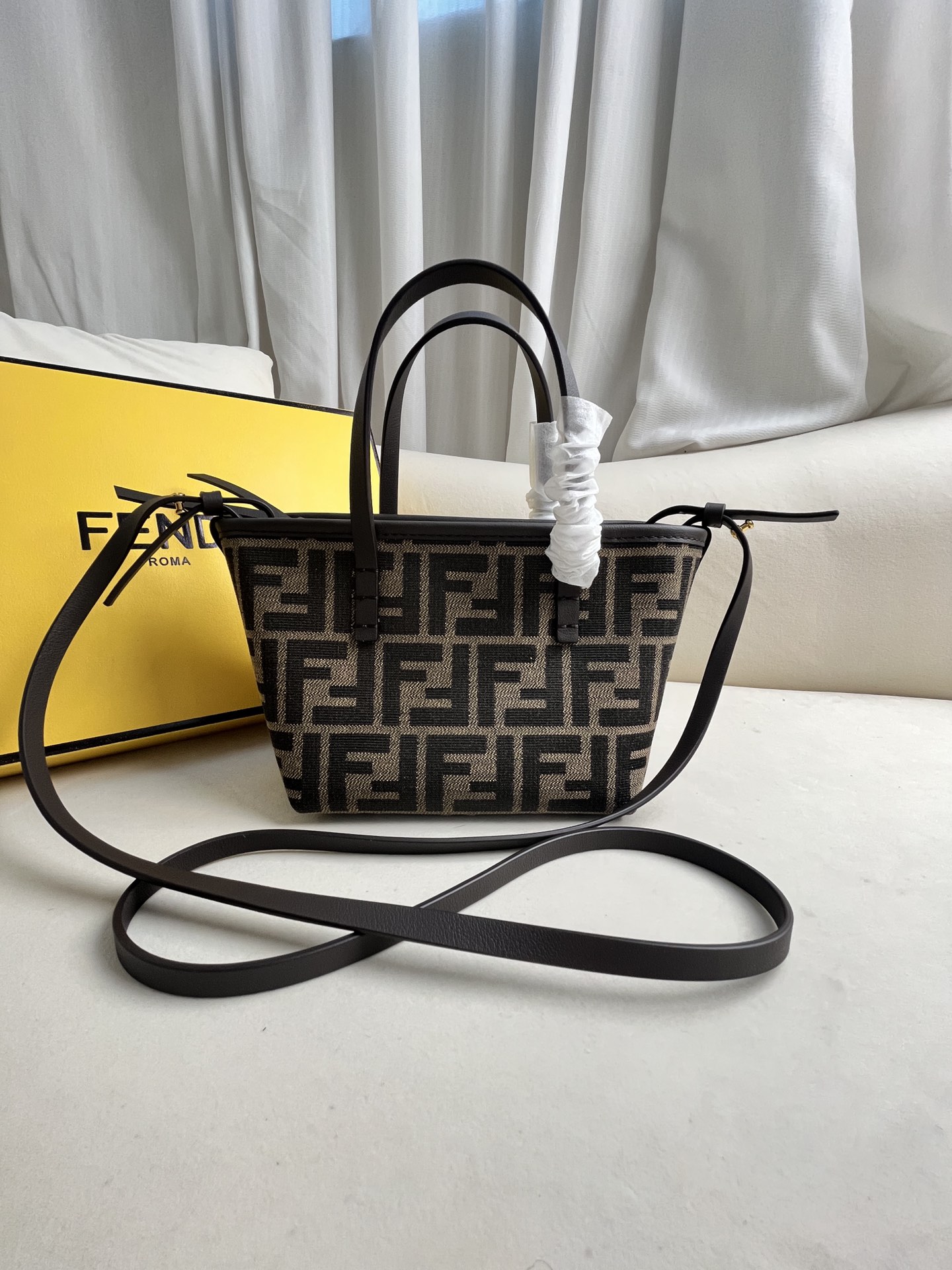 Fendi Roll Mini Basket Bag Dark Brown Leather FF Logo, Removable Shoulder Strap 1 i1716271019 7723 0