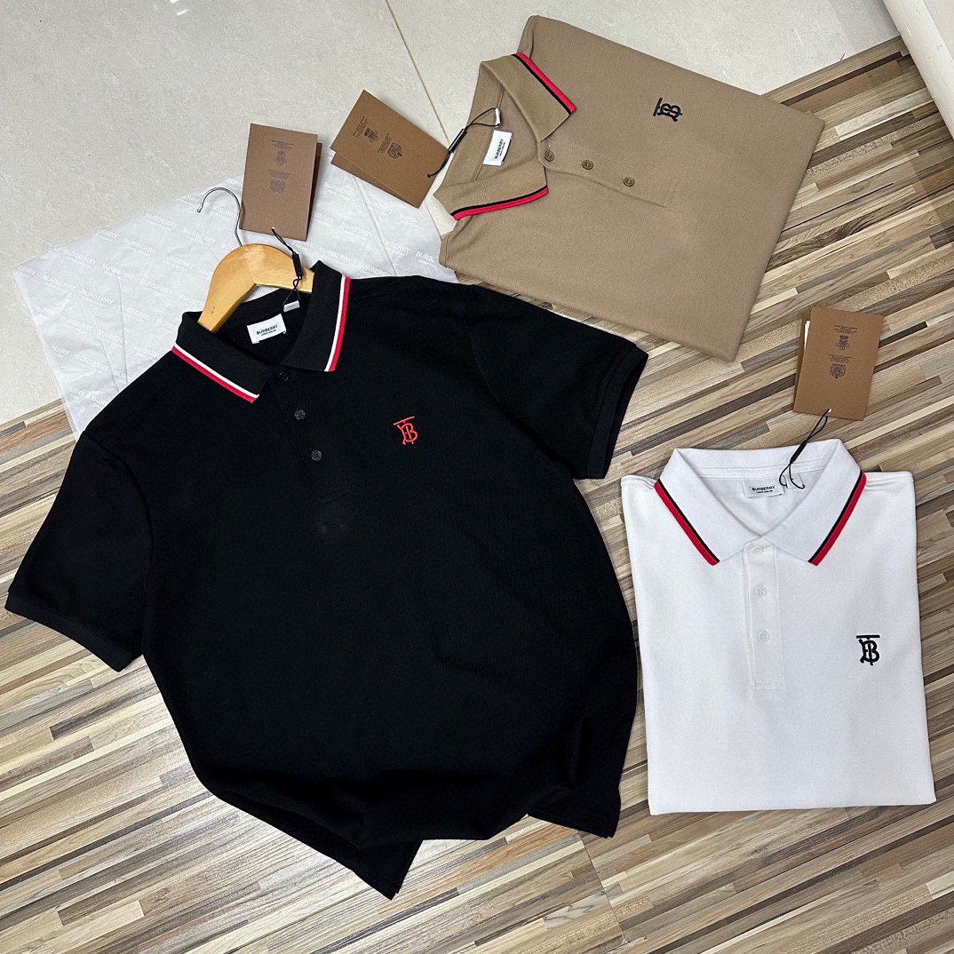 Online von China Designer
 Burberry Kleidung Polo T-Shirt Schwarz Grau Weiß Stickerei Unisex Stricken Frühling/Sommer Kollektion Kurzarm