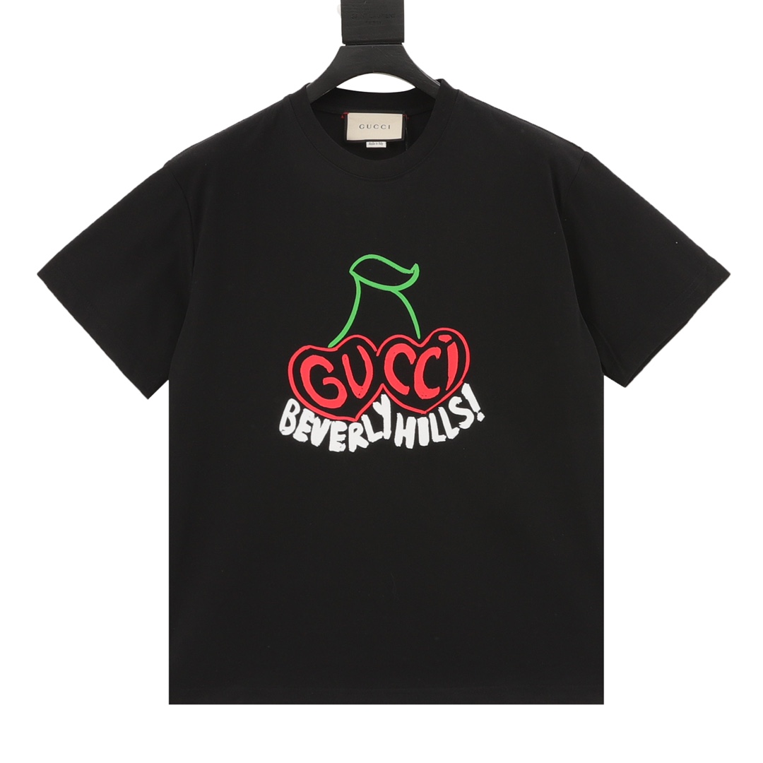 Gucci Odzież T-Shirt Kolor moreli Czarny Drukowanie Unisex Kolekcja jesienna Fashion Krótki rękaw