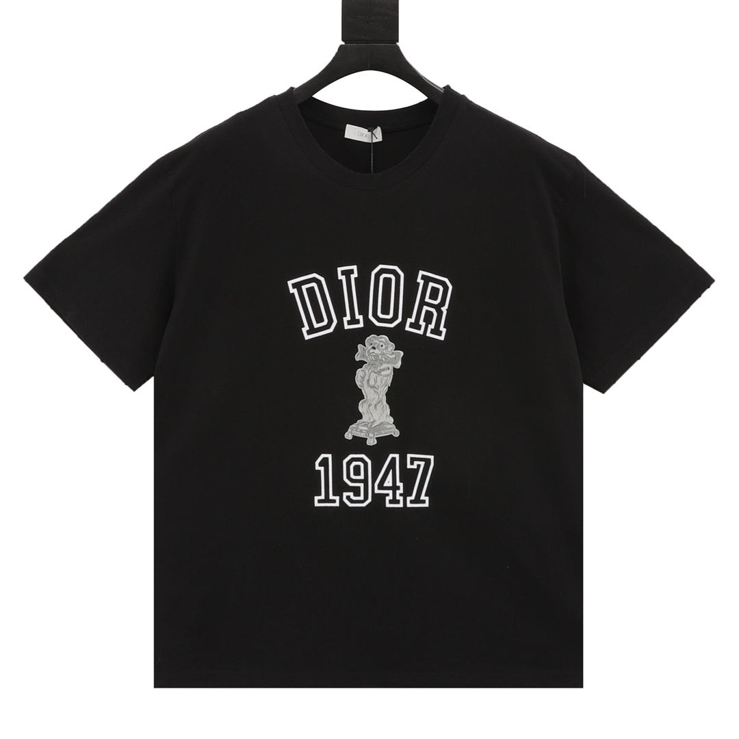 DIOR/Dior Bobby manga corta con estampado de perro flocado, tejido de punto flameado de algodón, artesanía con el logot…