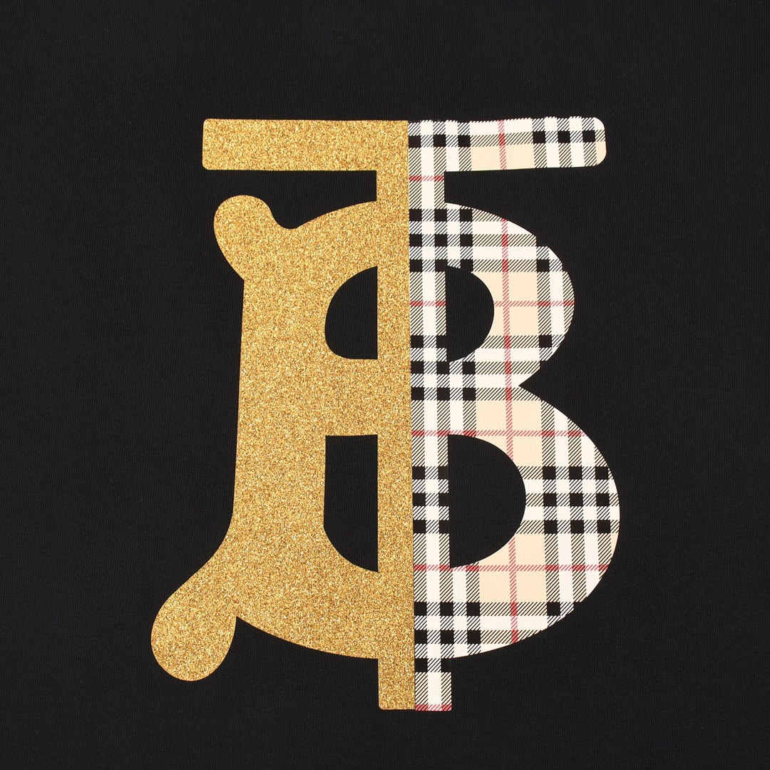 150 巴宝莉/Burberry 夏季新品 烫金字母拼接格纹圆领短袖T恤