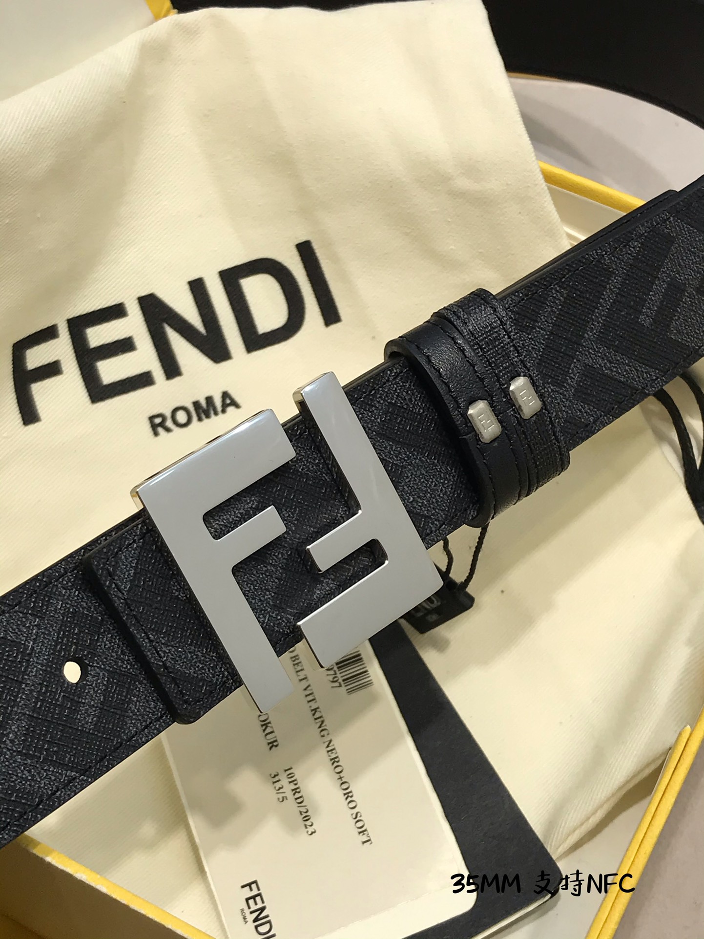 💯💯配送专柜包装 打孔针  新款 FD 宽35MM 支持NFC 芯片扫描，标志造型宽皮带，原版钌钯镀色铆