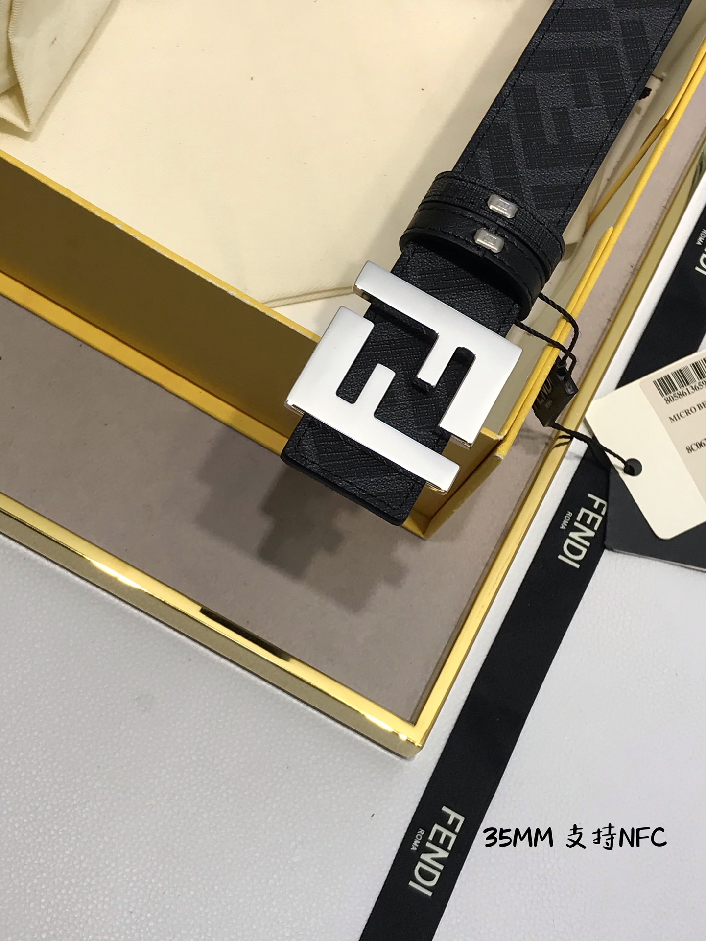💯💯配送专柜包装 打孔针  新款 FD 宽35MM 支持NFC 芯片扫描，标志造型宽皮带，原版钌钯镀色铆