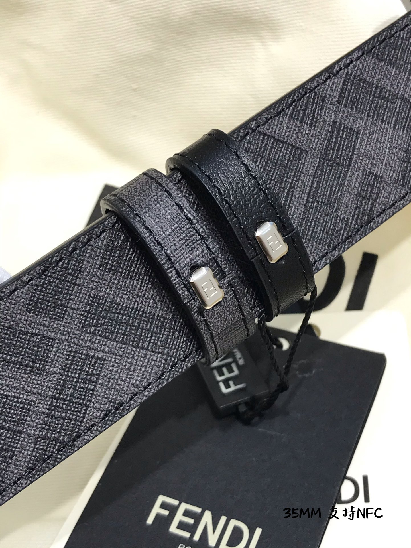 💯💯配送专柜包装 打孔针  新款 FD 宽35MM 支持NFC 芯片扫描，标志造型宽皮带，原版钌钯镀色铆