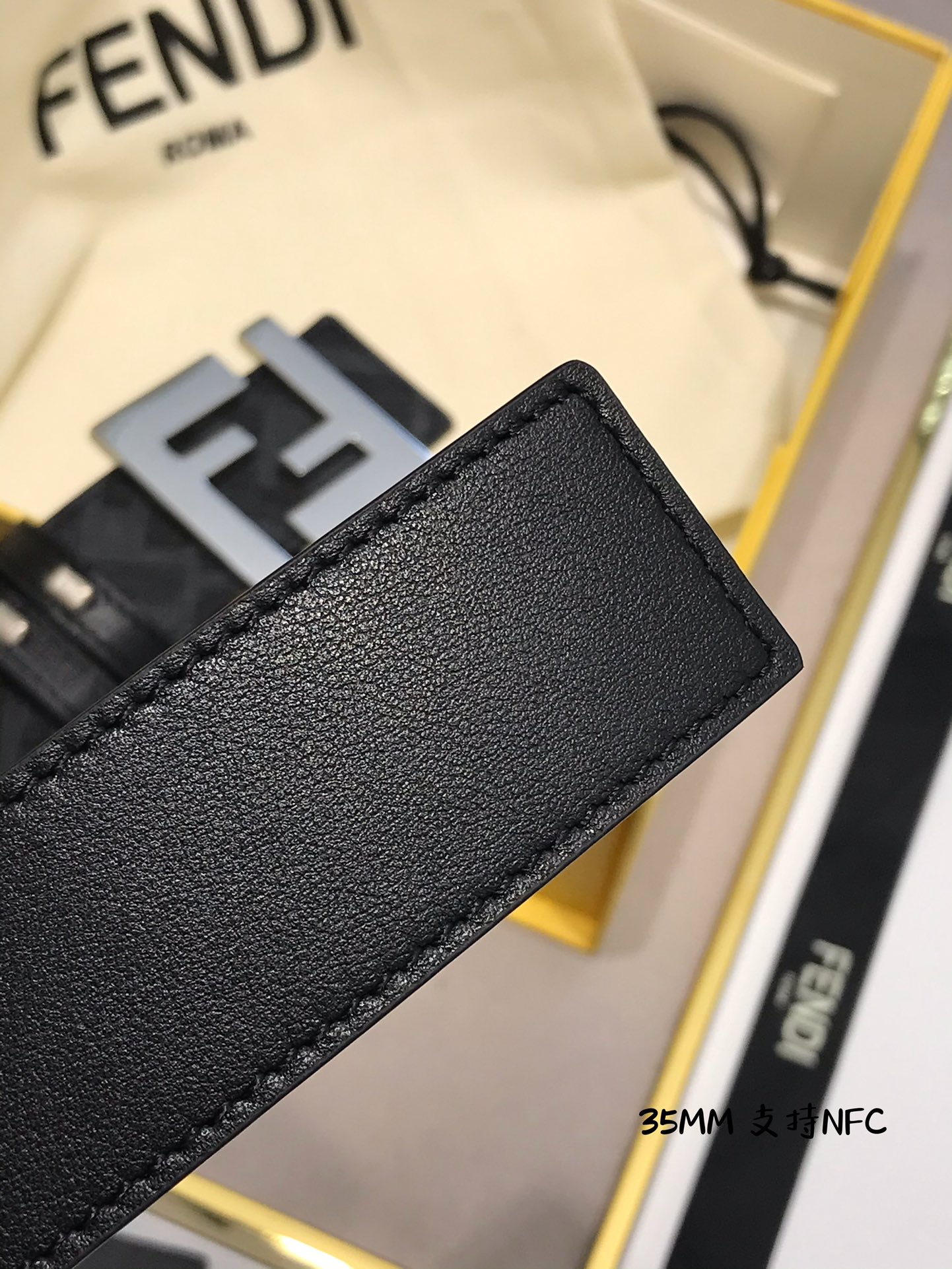 💯💯配送专柜包装 打孔针  新款 FD 宽35MM 支持NFC 芯片扫描，标志造型宽皮带，原版钌钯镀色铆