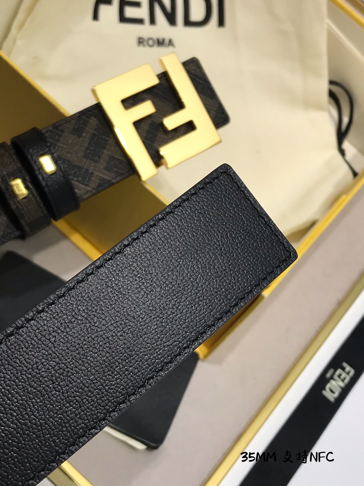 💯💯配送专柜包装 打孔针  新款 FD 宽35MM 支持NFC 芯片扫描，标志造型宽皮带，原版钌钯镀色铆