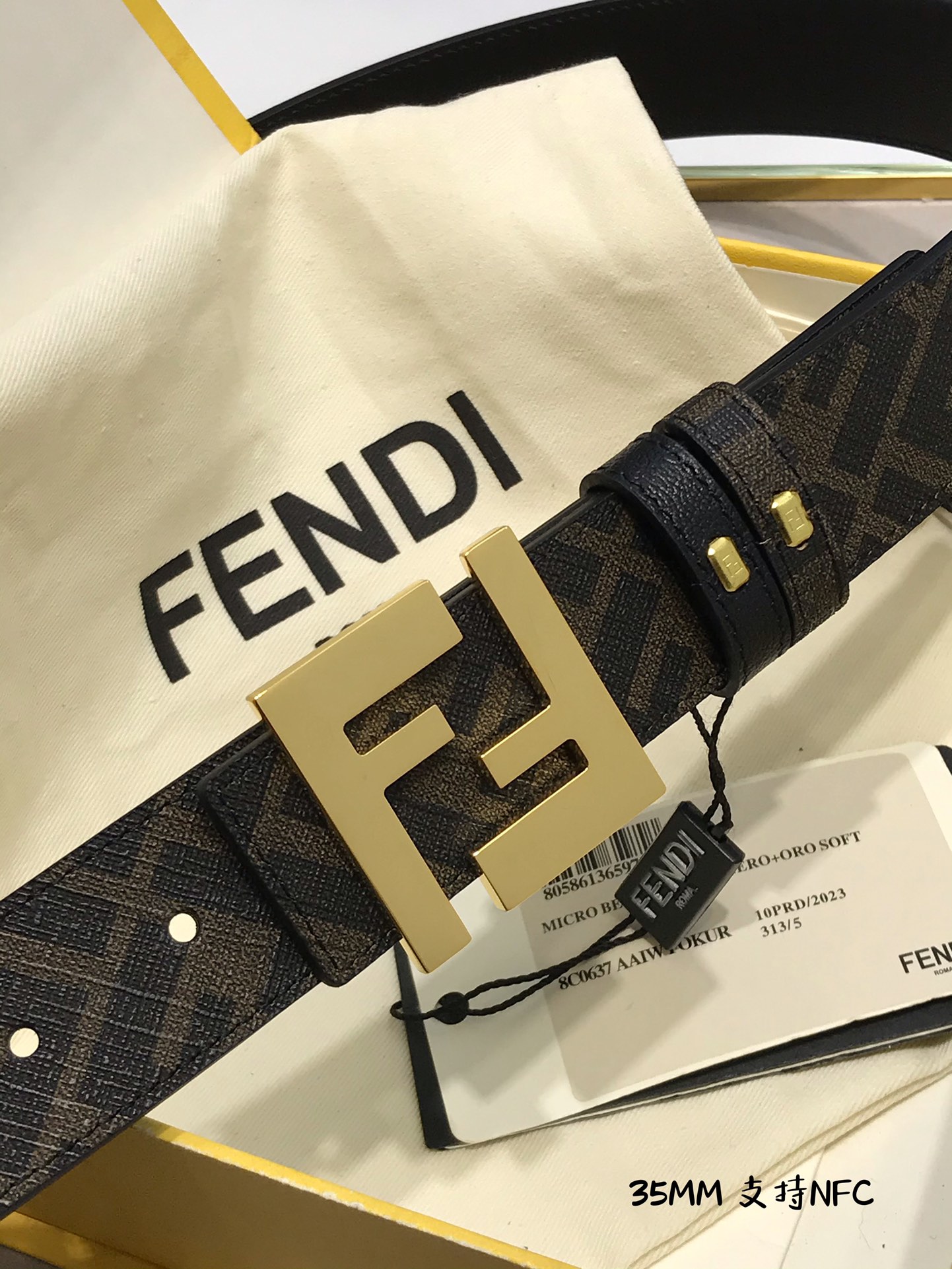💯💯配送专柜包装 打孔针  新款 FD 宽35MM 支持NFC 芯片扫描，标志造型宽皮带，原版钌钯镀色铆
