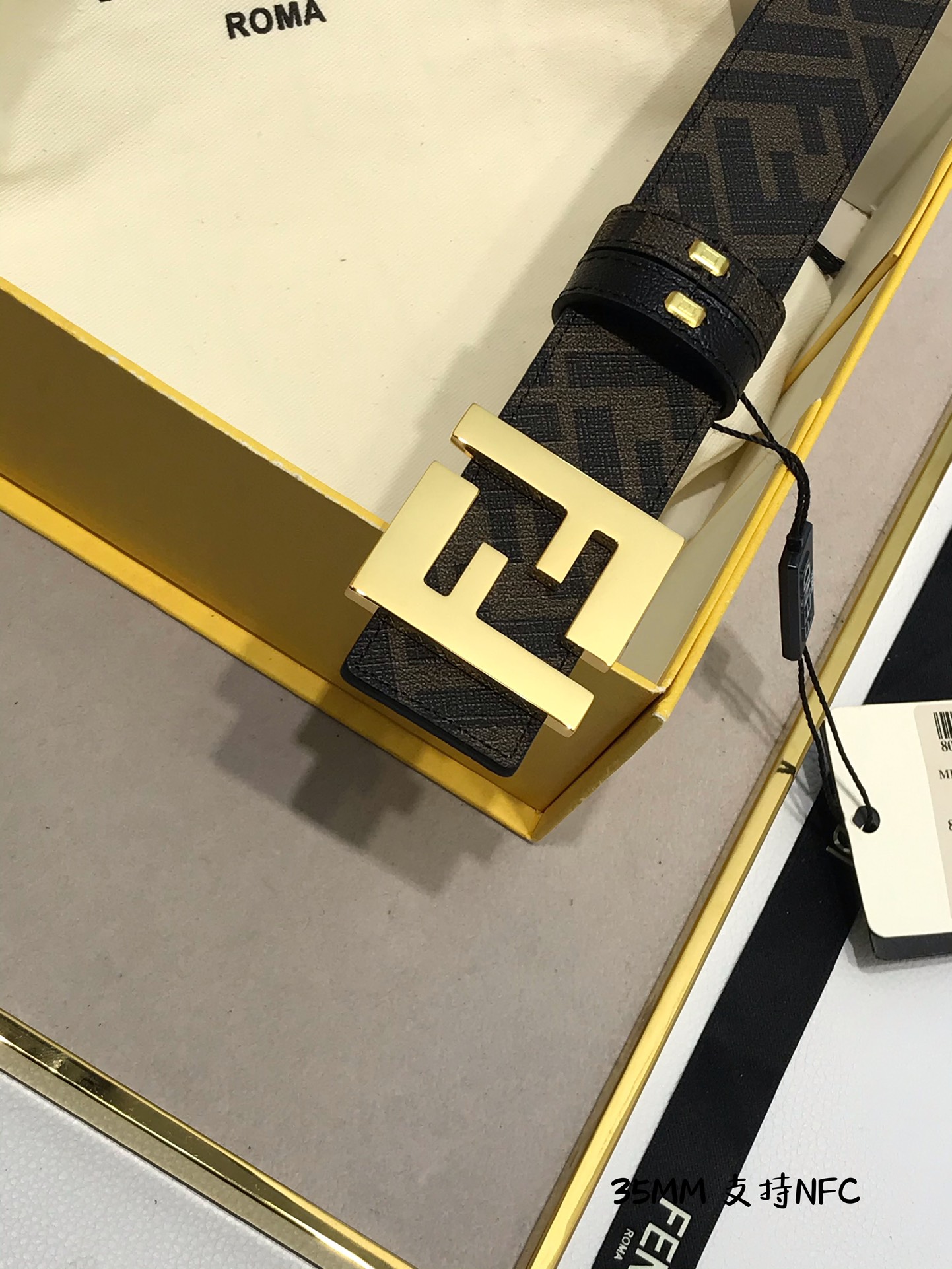 💯💯配送专柜包装 打孔针  新款 FD 宽35MM 支持NFC 芯片扫描，标志造型宽皮带，原版钌钯镀色铆