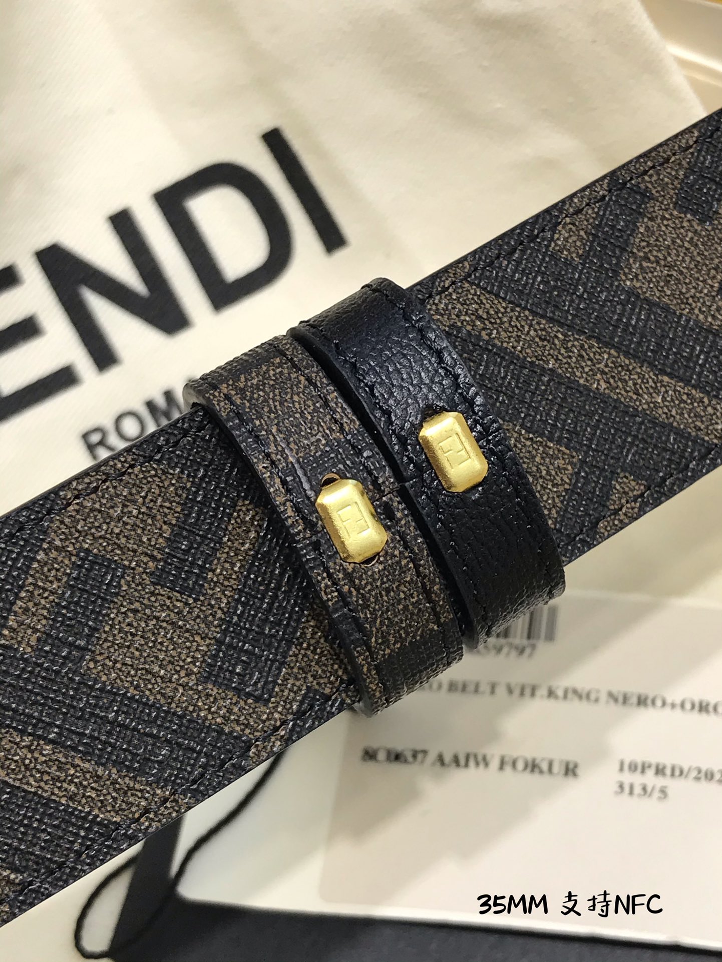 💯💯配送专柜包装 打孔针  新款 FD 宽35MM 支持NFC 芯片扫描，标志造型宽皮带，原版钌钯镀色铆