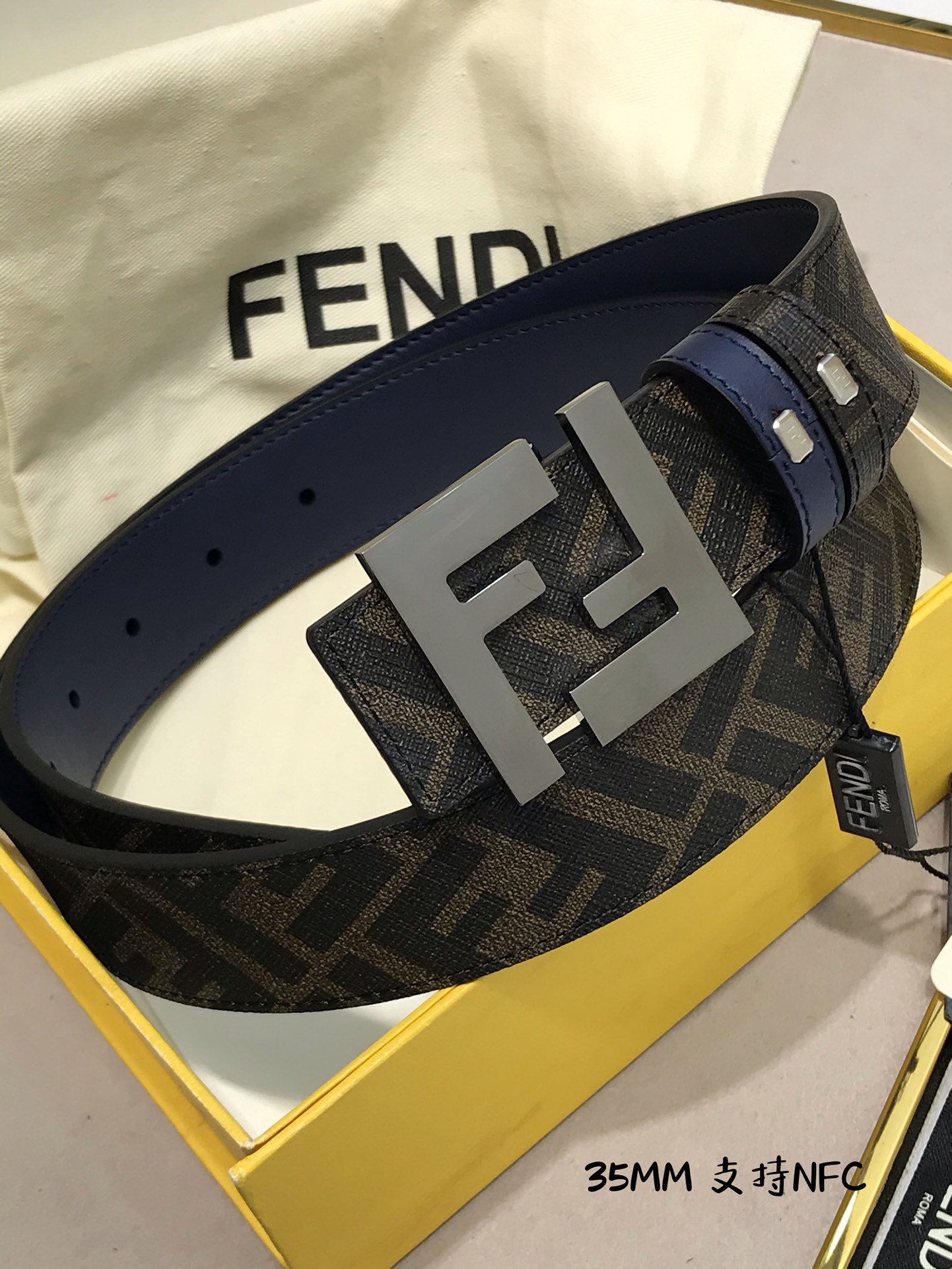 💯💯配送专柜包装 打孔针  新款 FD 宽35MM 支持NFC 芯片扫描，标志造型宽皮带，原版钌钯镀色铆