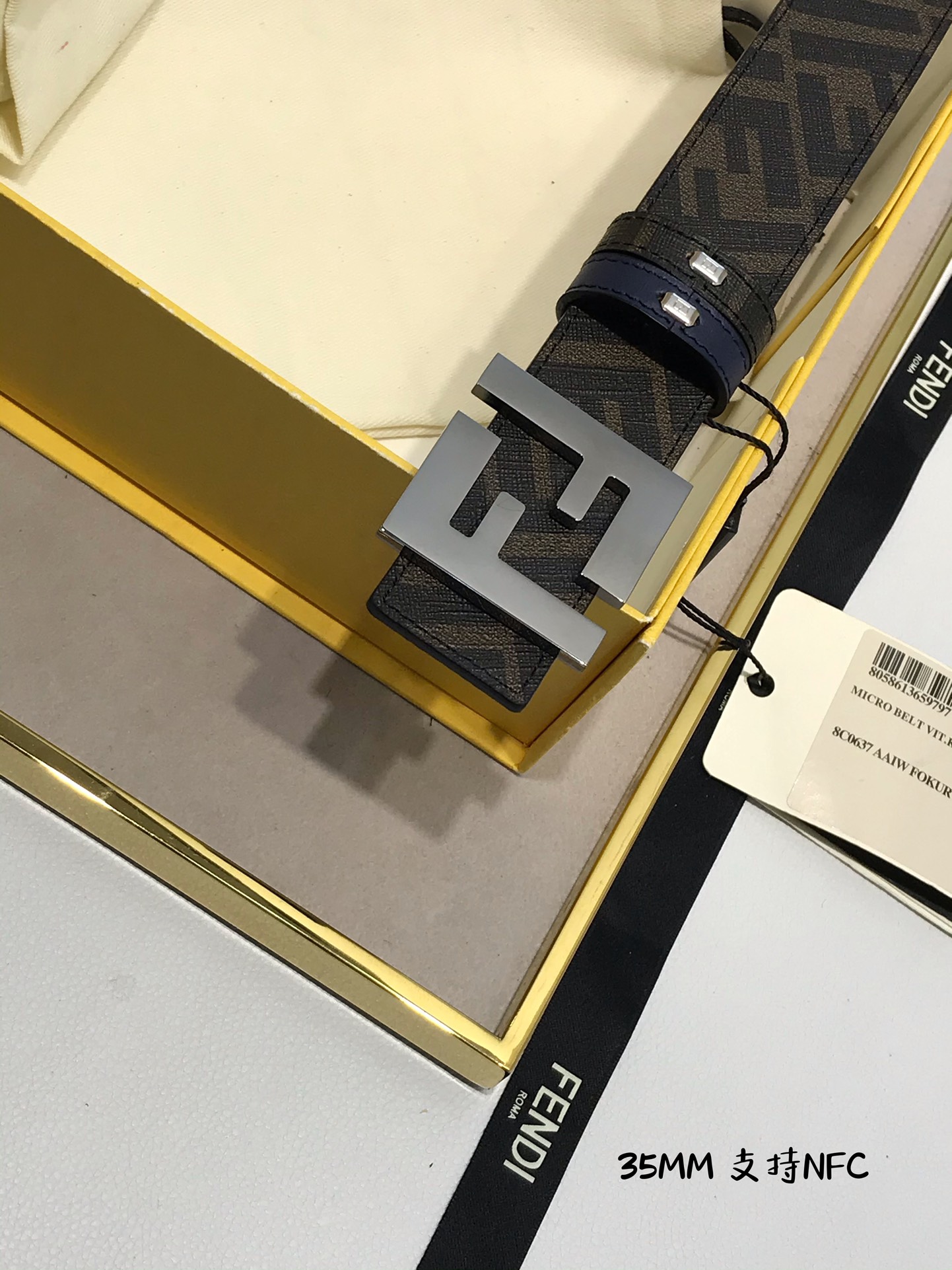 💯💯配送专柜包装 打孔针  新款 FD 宽35MM 支持NFC 芯片扫描，标志造型宽皮带，原版钌钯镀色铆
