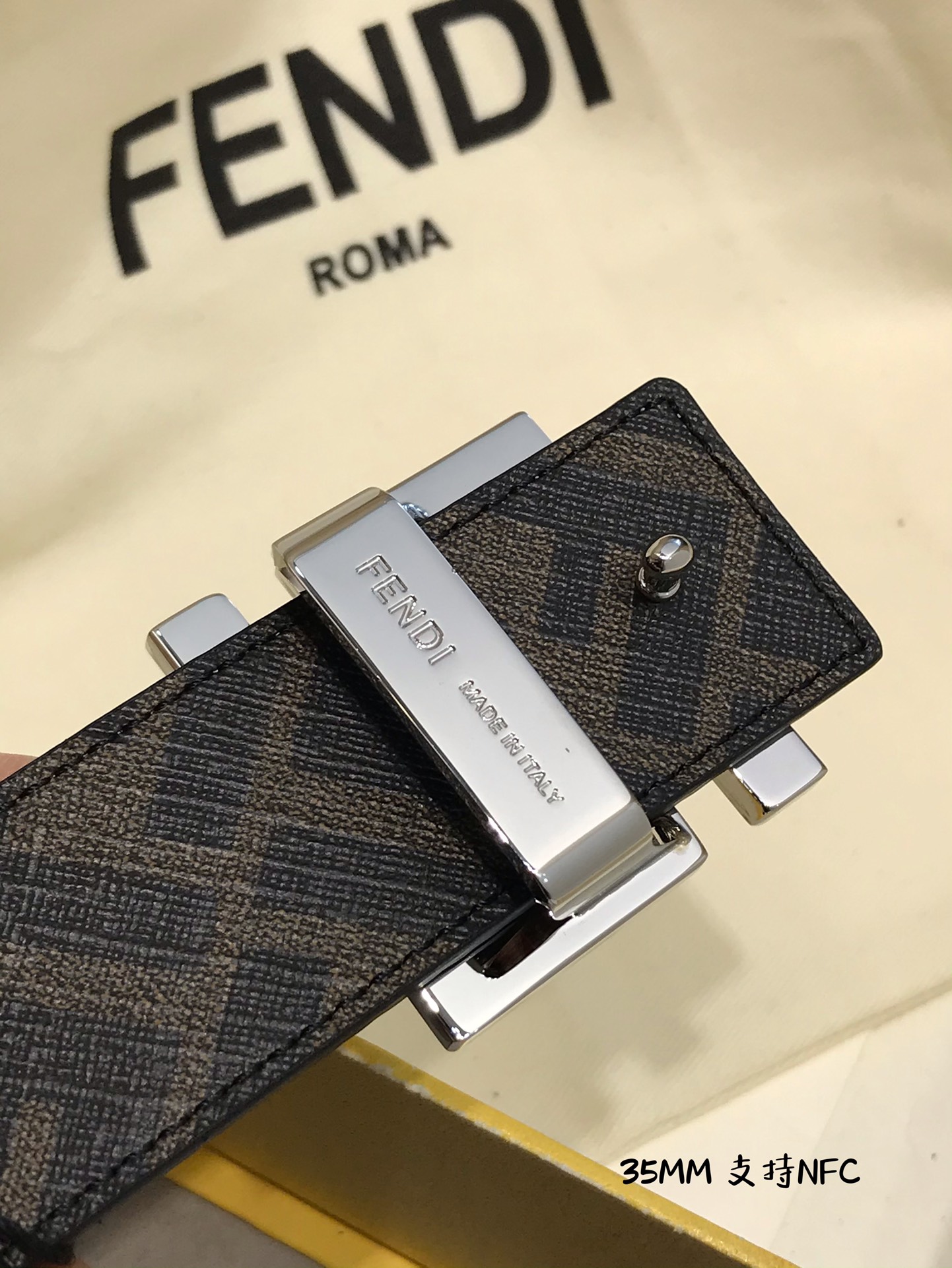 💯💯配送专柜包装 打孔针  新款 FD 宽35MM 支持NFC 芯片扫描，标志造型宽皮带，原版钌钯镀色铆