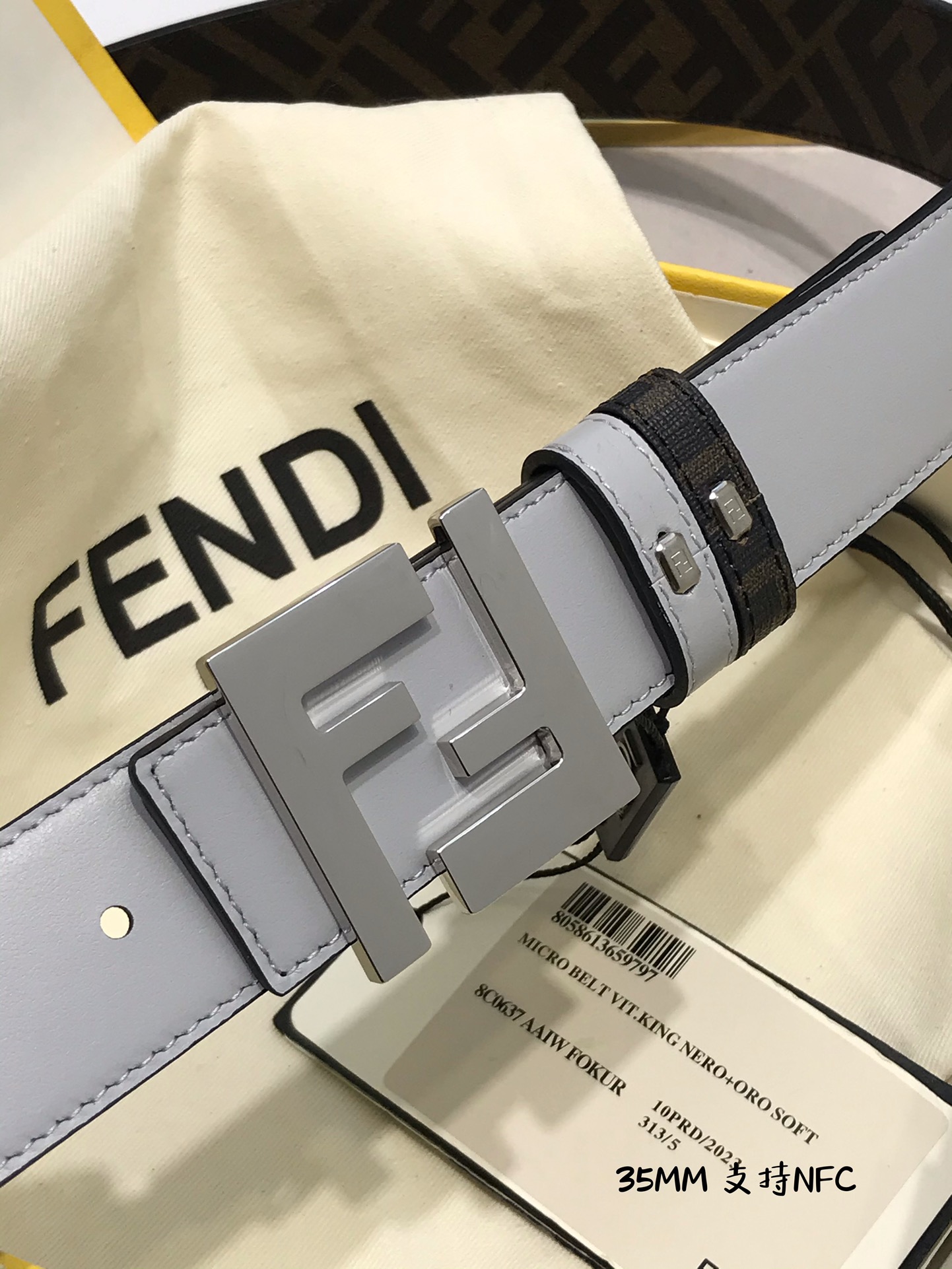 💯💯配送专柜包装 打孔针  新款 FD 宽35MM 支持NFC 芯片扫描，标志造型宽皮带，原版钌钯镀色铆