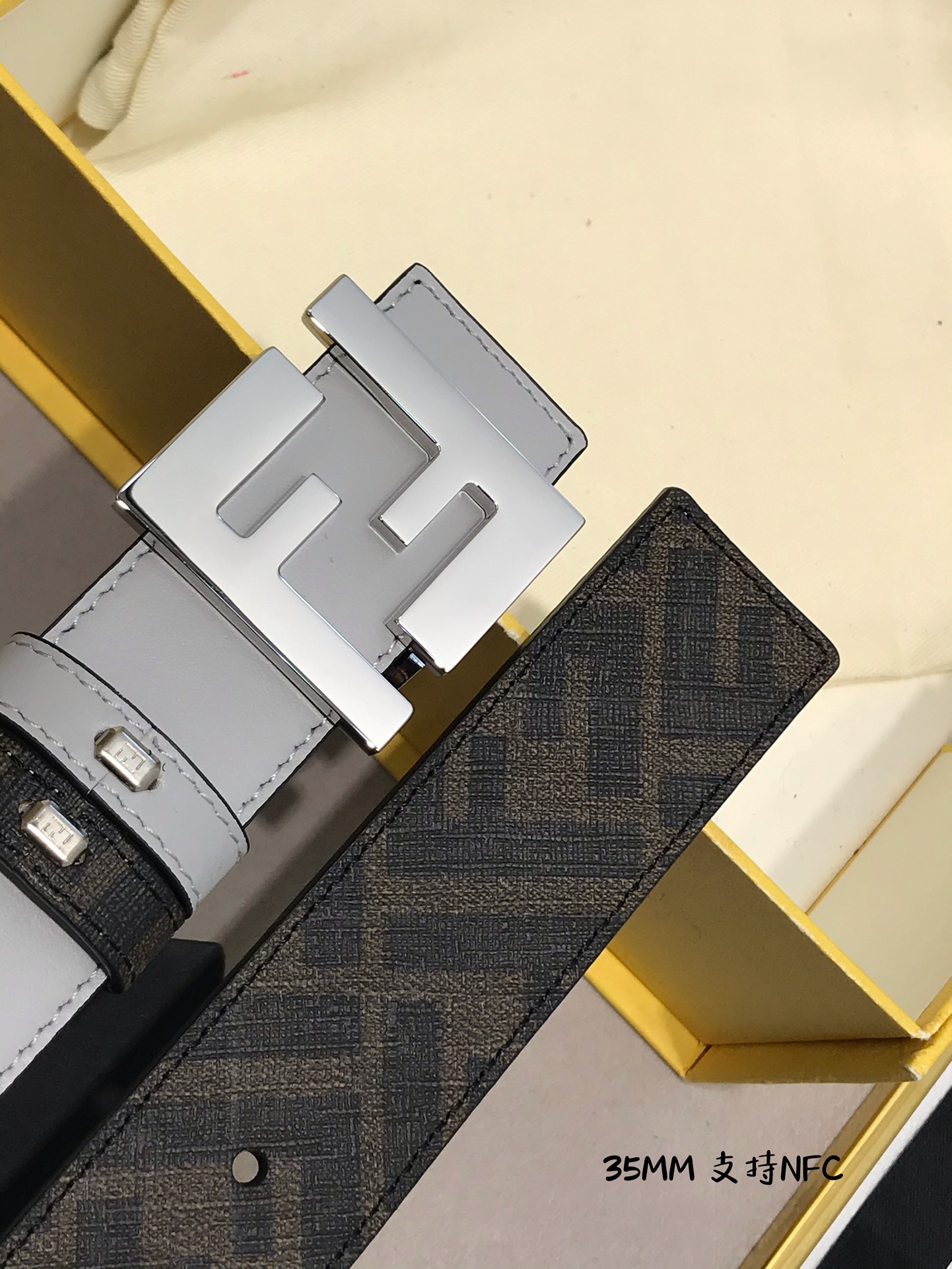 💯💯配送专柜包装 打孔针  新款 FD 宽35MM 支持NFC 芯片扫描，标志造型宽皮带，原版钌钯镀色铆