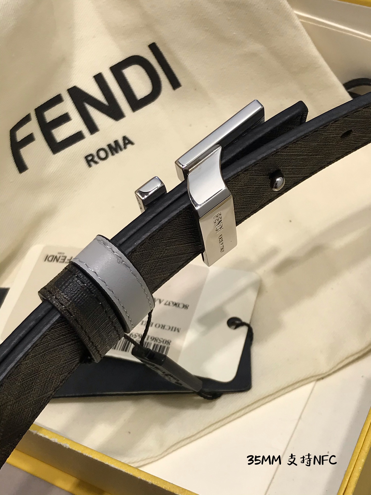 💯💯配送专柜包装 打孔针  新款 FD 宽35MM 支持NFC 芯片扫描，标志造型宽皮带，原版钌钯镀色铆