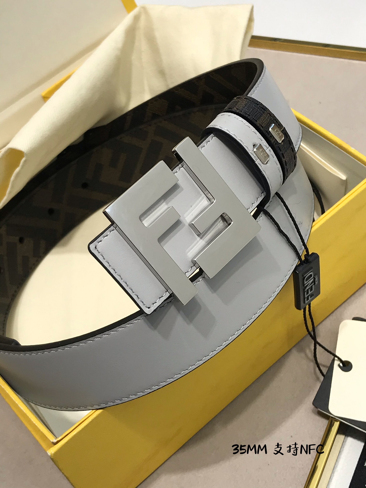 💯💯配送专柜包装 打孔针  新款 FD 宽35MM 支持NFC 芯片扫描，标志造型宽皮带，原版钌钯镀色铆