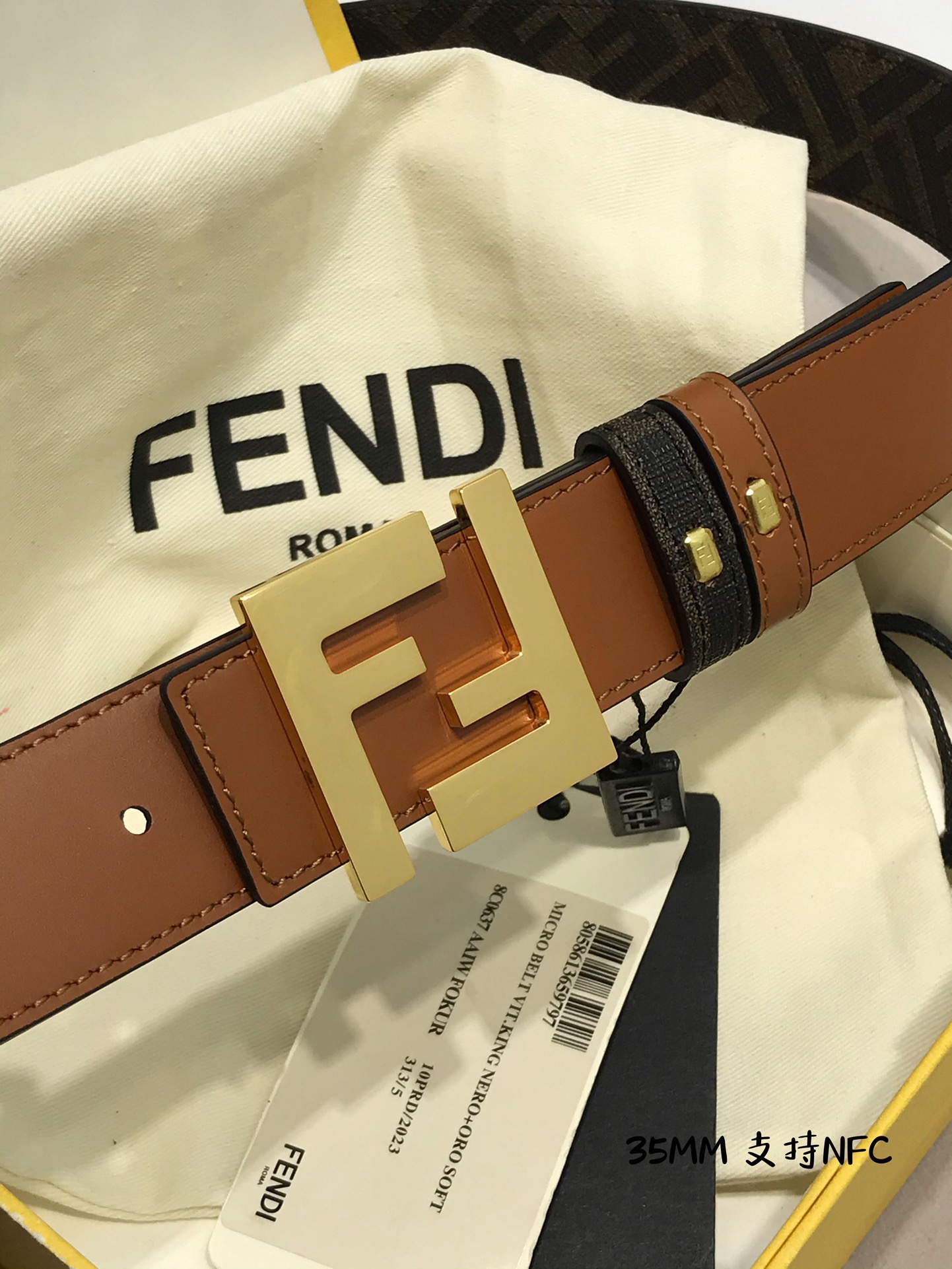 💯💯配送专柜包装 打孔针  新款 FD 宽35MM 支持NFC 芯片扫描，标志造型宽皮带，原版钌钯镀色铆