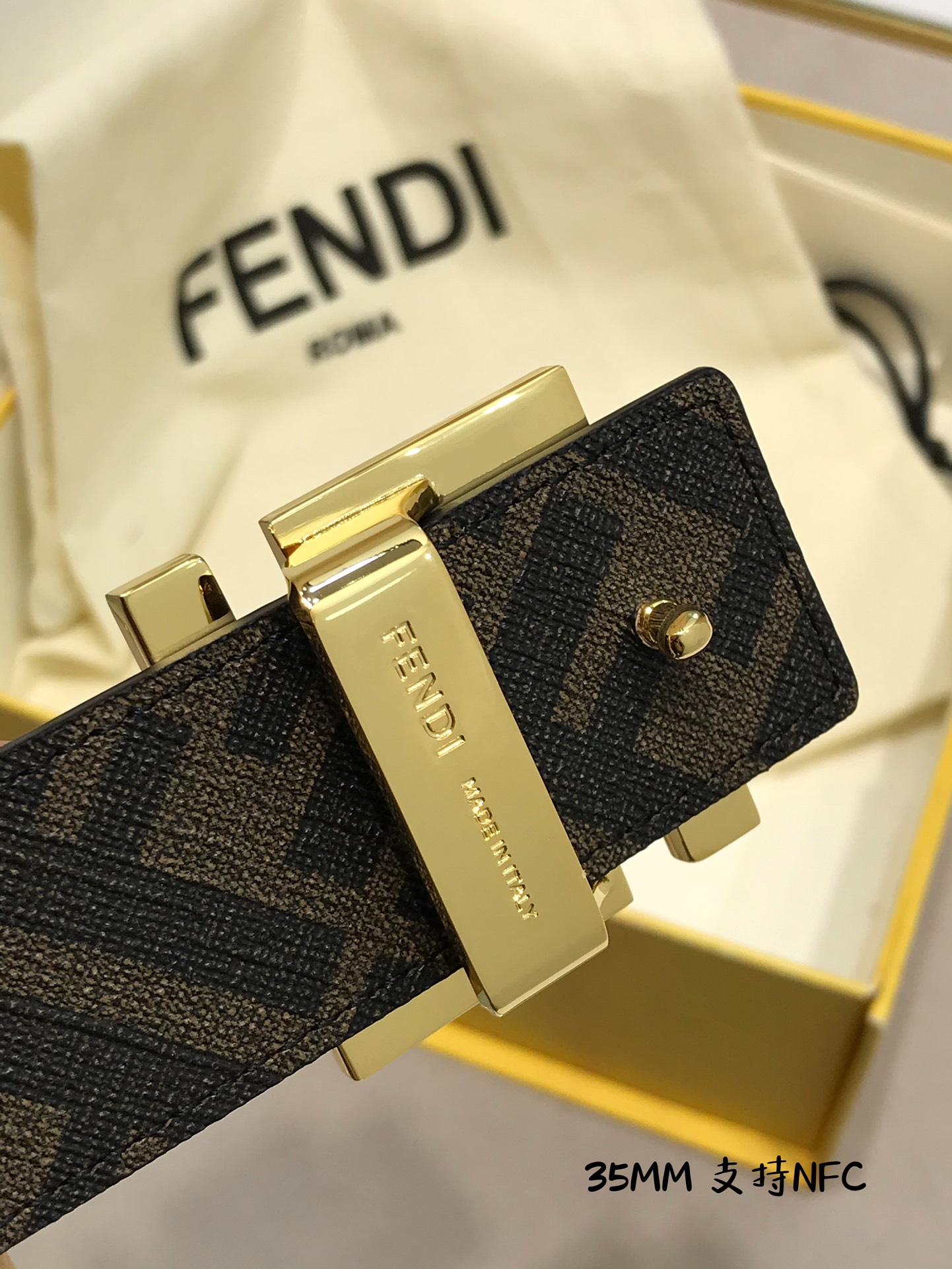 💯💯配送专柜包装 打孔针  新款 FD 宽35MM 支持NFC 芯片扫描，标志造型宽皮带，原版钌钯镀色铆