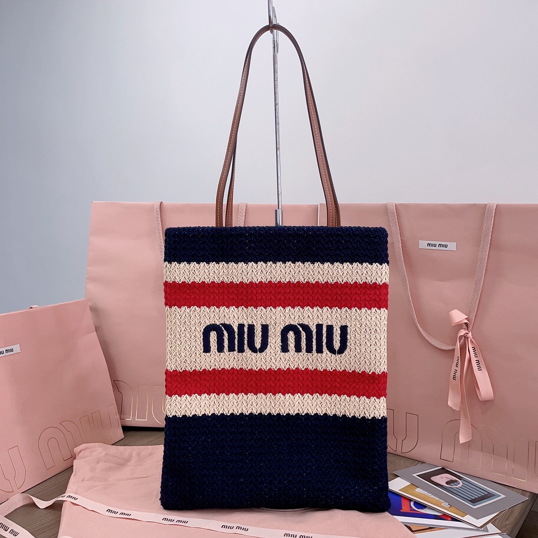MiuMiu Tote Bags Embroidery Cotton Raffia Straw Woven Weave