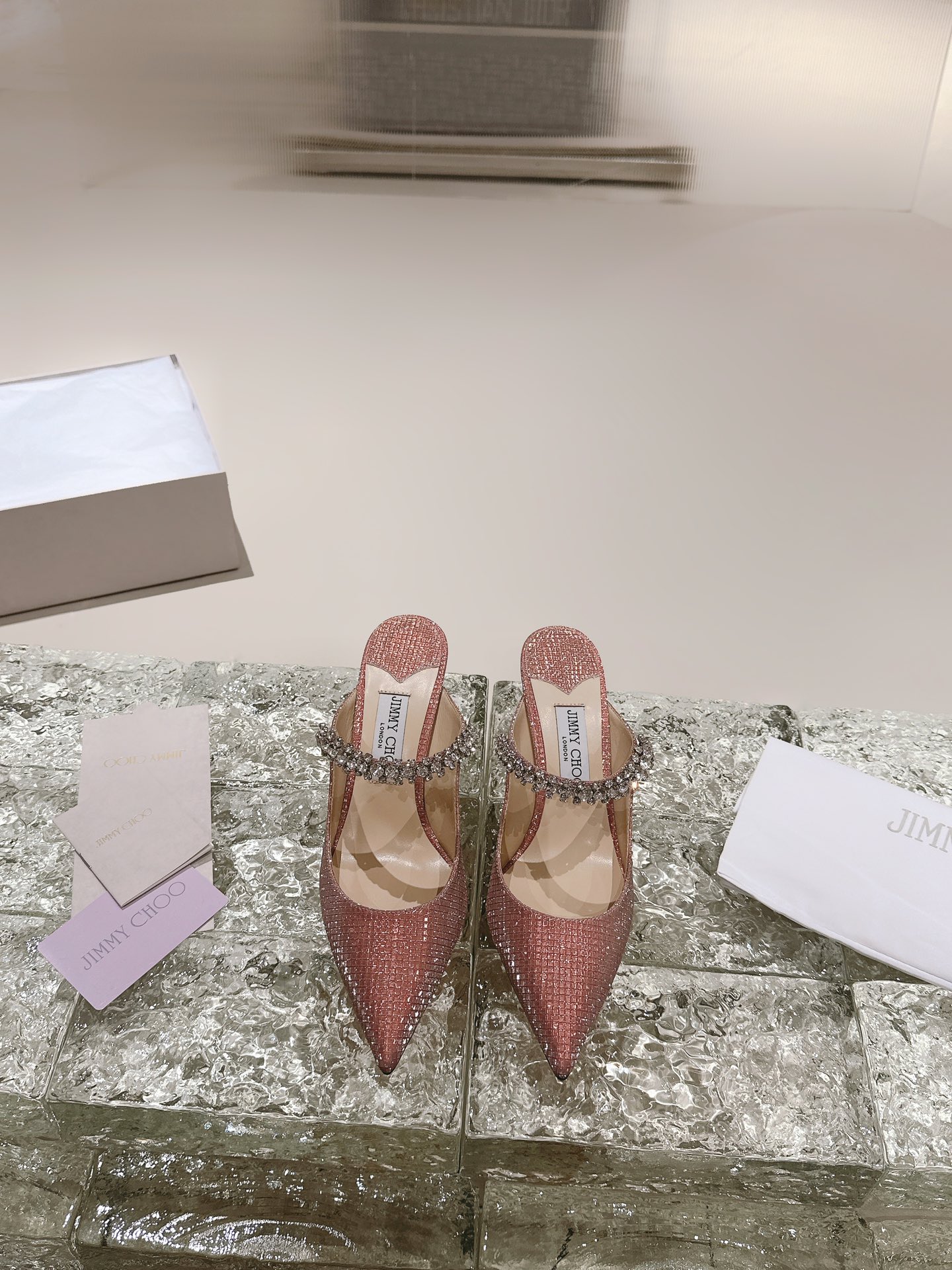 JIMMY CHOO ハイヒール サンダル ミュール ポインテッドトゥパンプス クリスタルストラップ+輸入シープスキン フルグレインクリスタルシープスキン