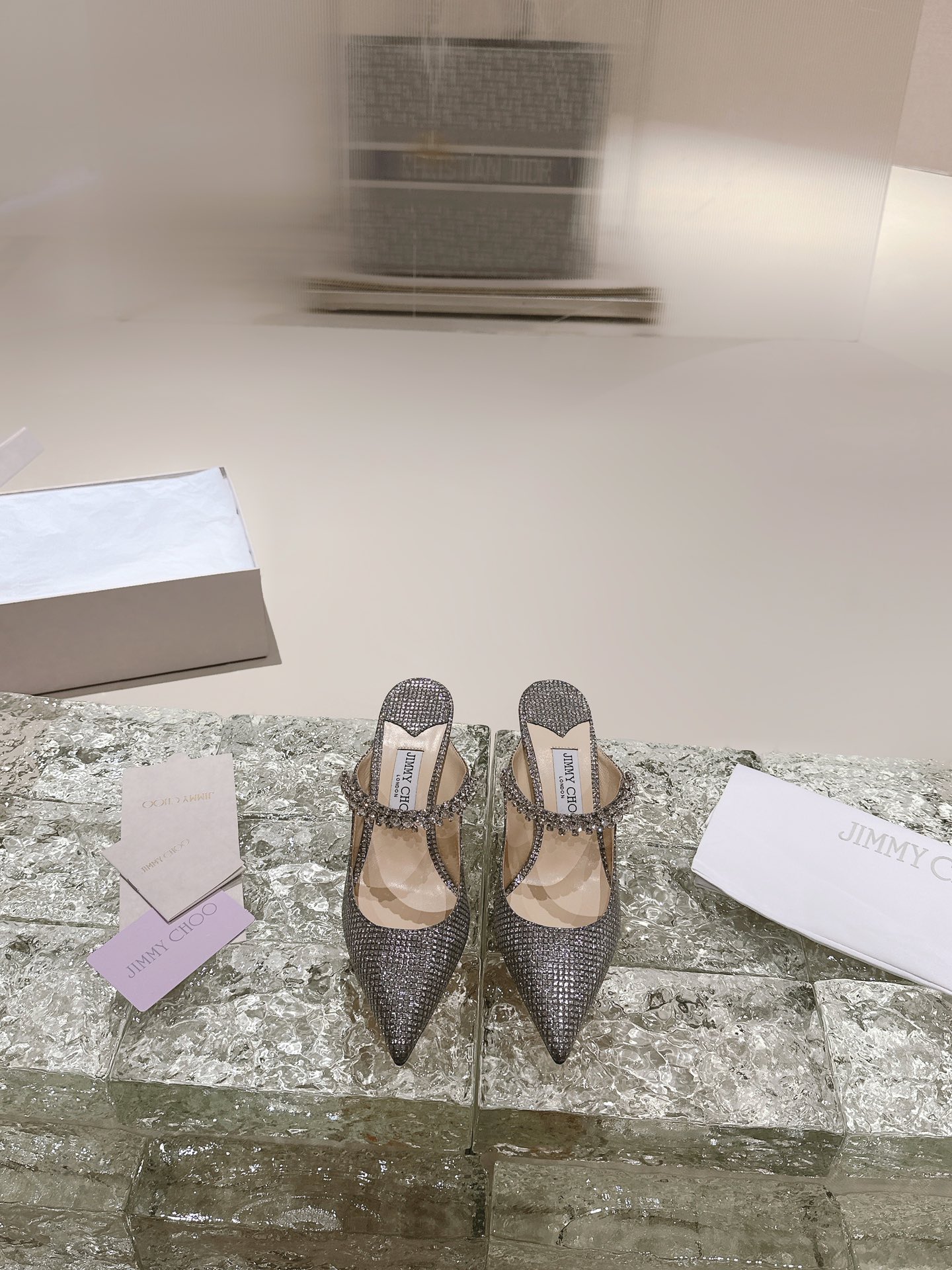 JIMMY CHOO ハイヒール サンダル バックストラップサンダル ポインテッドトゥパンプス クリスタルストラップ+輸入シープスキン フルグレインクリスタルシープスキン
