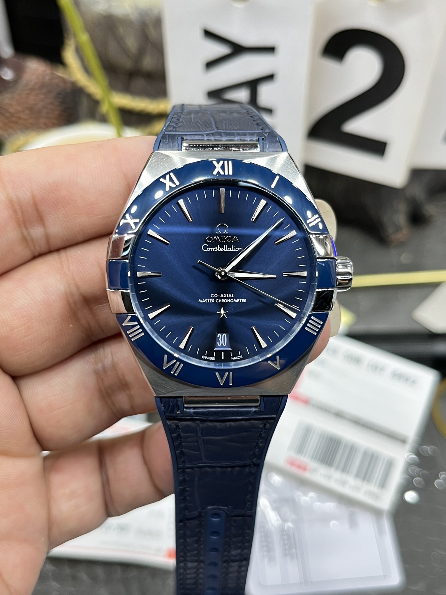 오메가 컨스텔레이션 41mm 블루 남성 자동 기계식 러버스트랩 시계 레플리카 44611