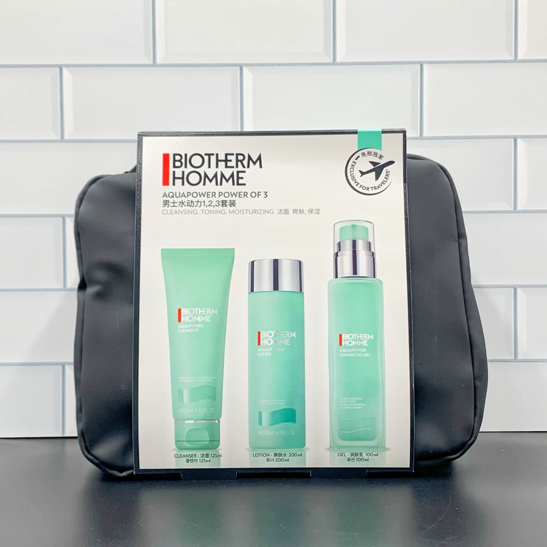 Set de tres piezas para hombre de Biotherm Aqua Power Versión Mingtong Bolsa de almacenamiento Agua 200ml Leche 75ml Ge…