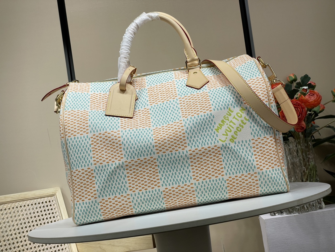 Louis Vuitton LV Speedy Sacs À Main Bleu Couleur rose Cadre en bois à carreaux Toile Cuir de vache N40698