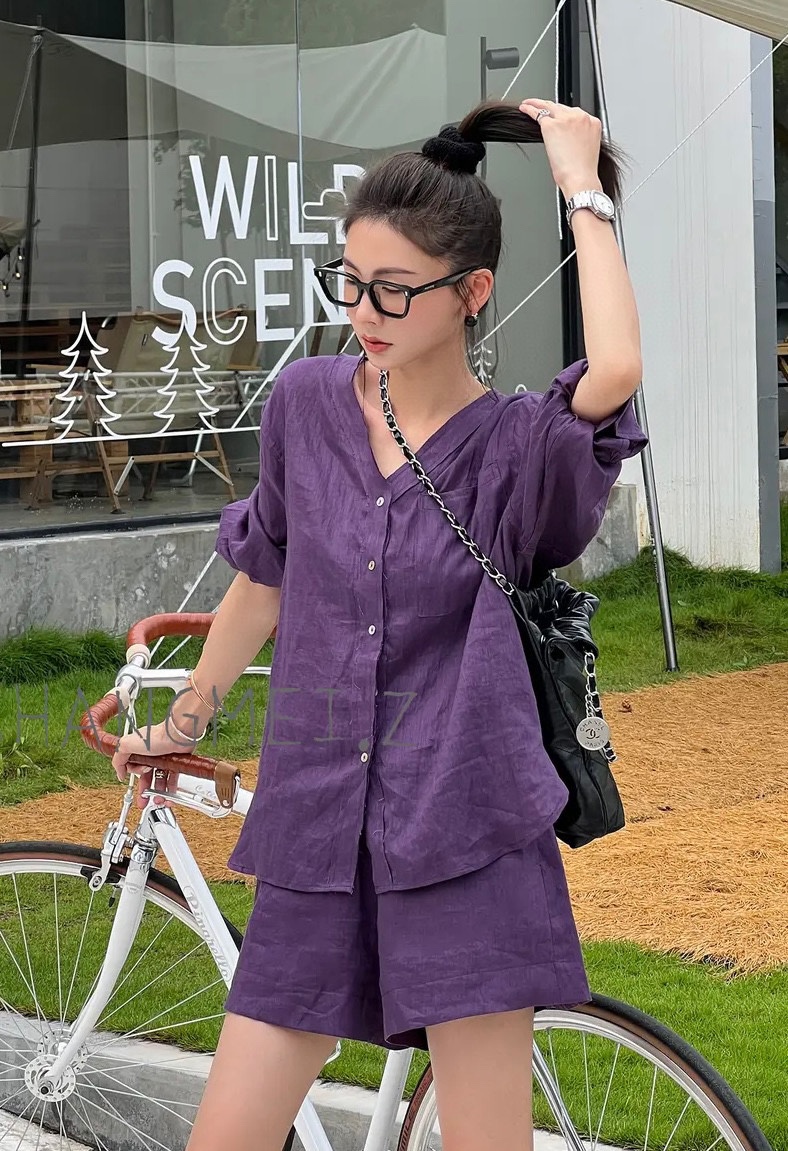 Elegant Purple Linen Two-Piece Set - V-Neck Blouse & Shorts Summer Outfit 6 i1717085622 427 4