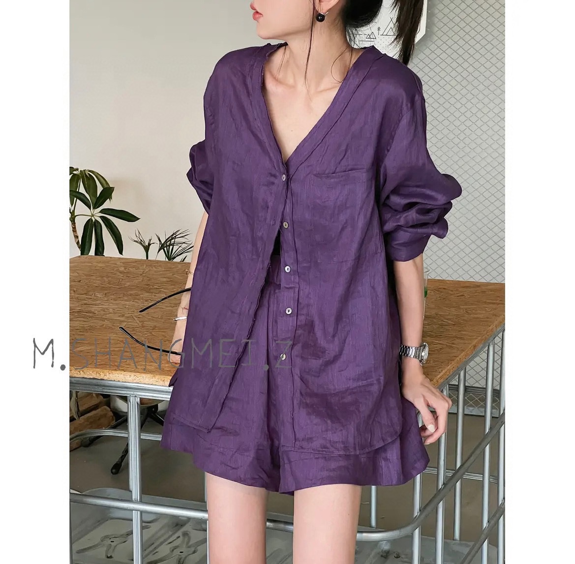 Elegant Purple Linen Two-Piece Set - V-Neck Blouse & Shorts Summer Outfit 5 i1717085622 653 2