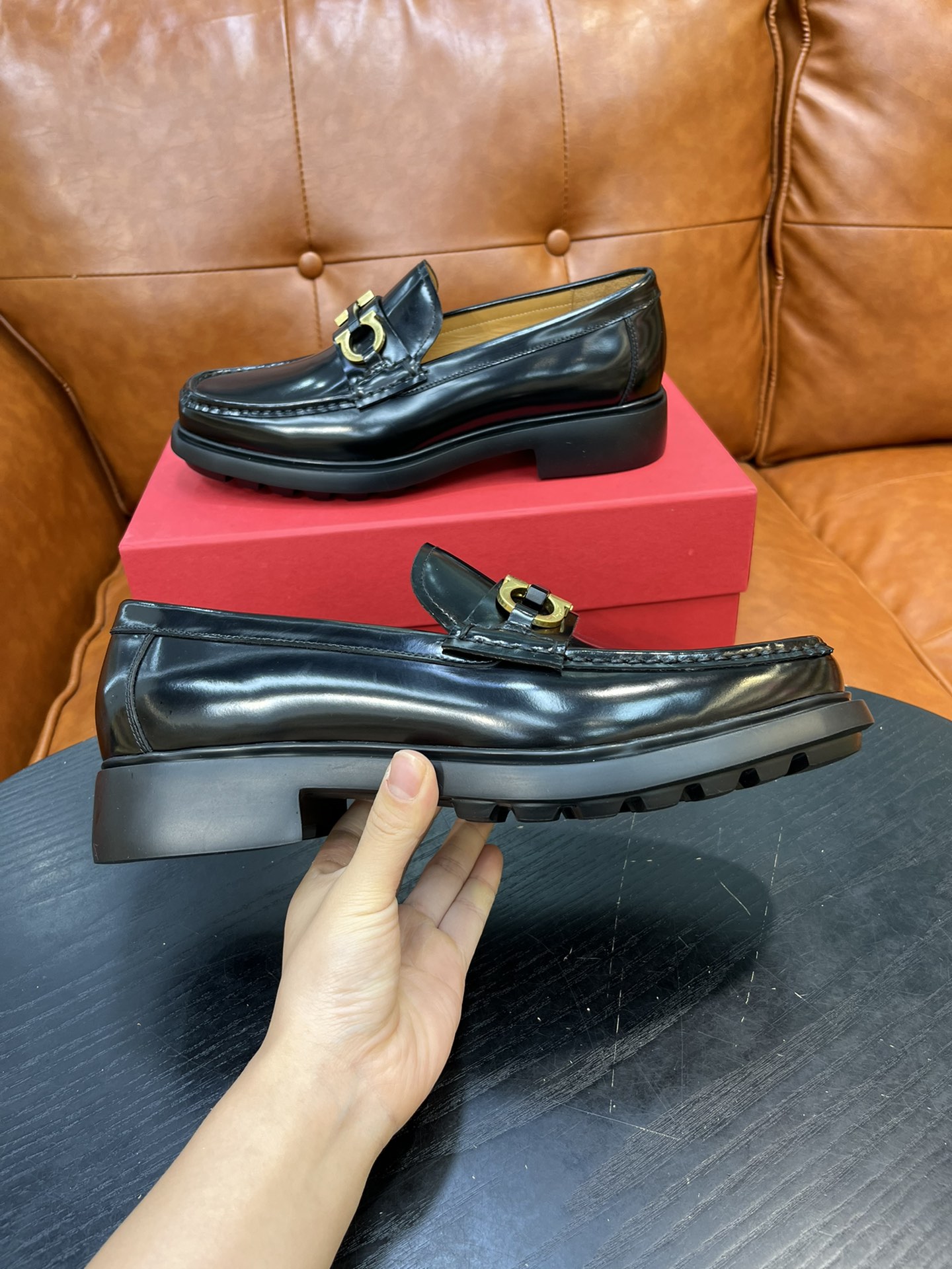 Salvatore Ferragamo Black Leather Loafers with Metal Ornament 7 i1717145471 3022 6
