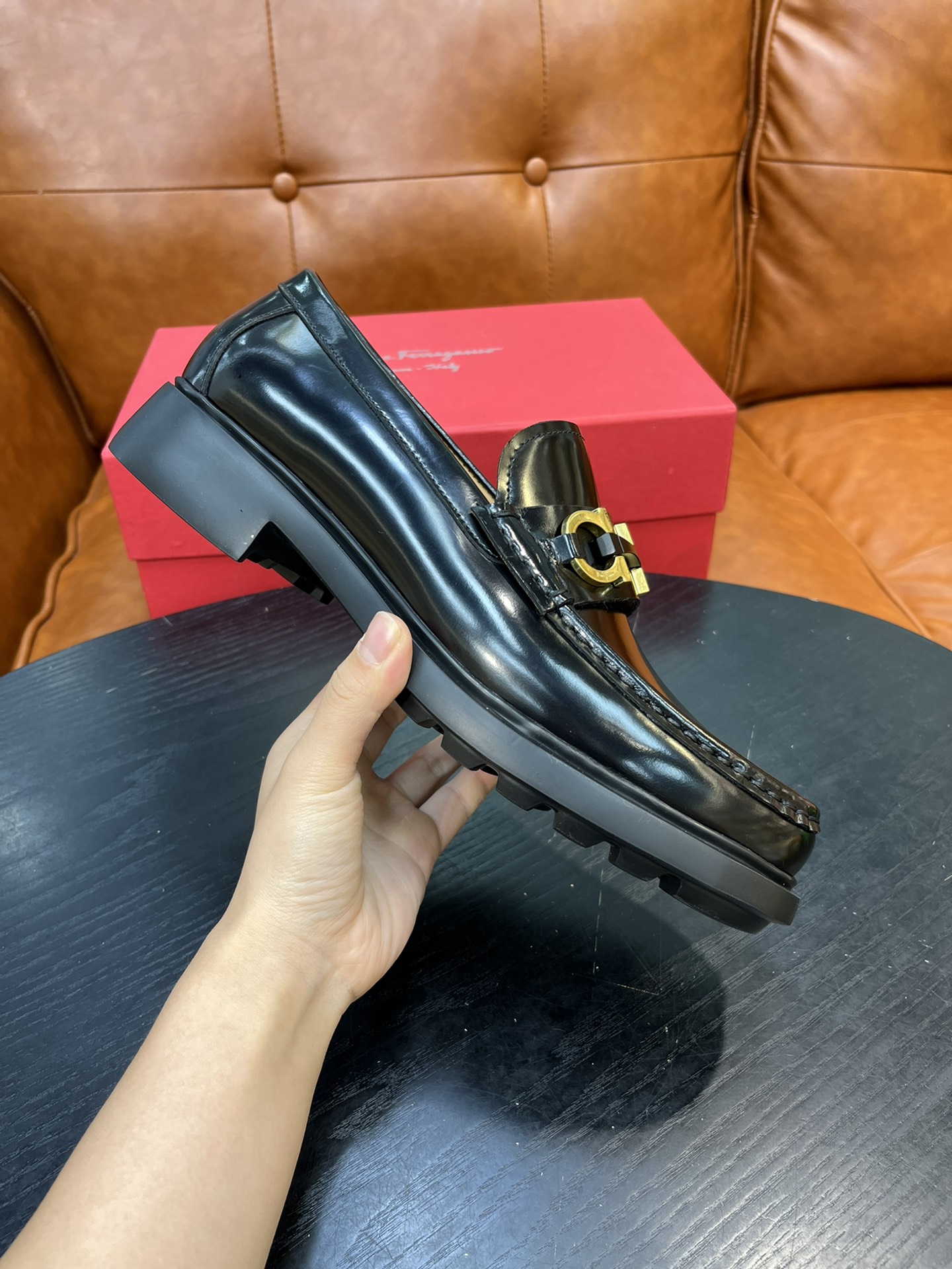 Salvatore Ferragamo Black Leather Loafers with Metal Ornament 1 i1717145471 3558 0