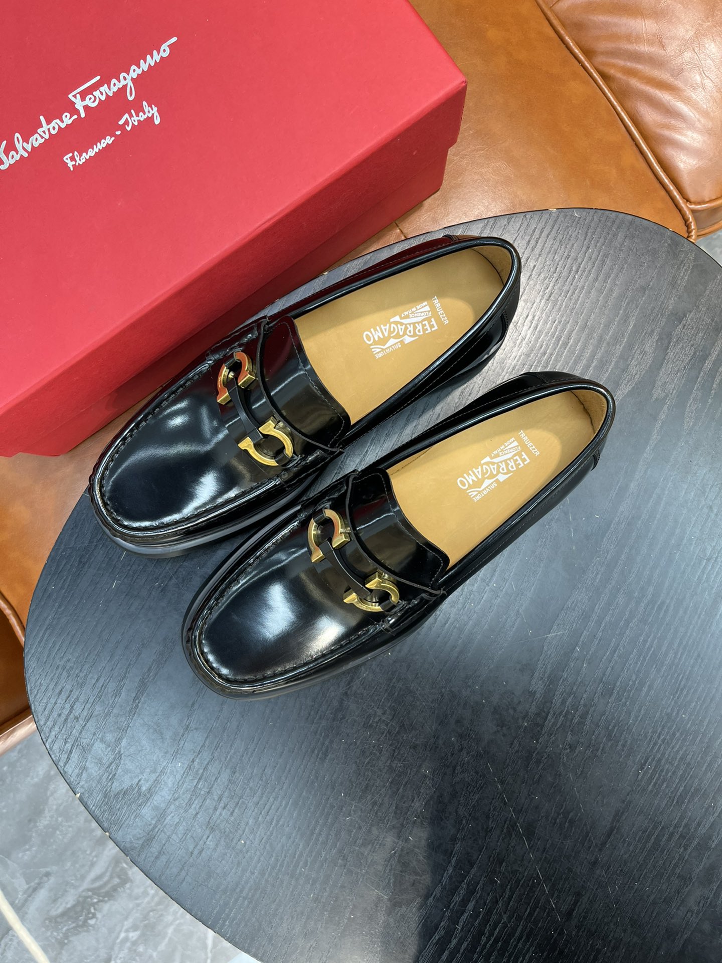 Salvatore Ferragamo Black Leather Loafers with Metal Ornament 2 i1717145471 5931 1