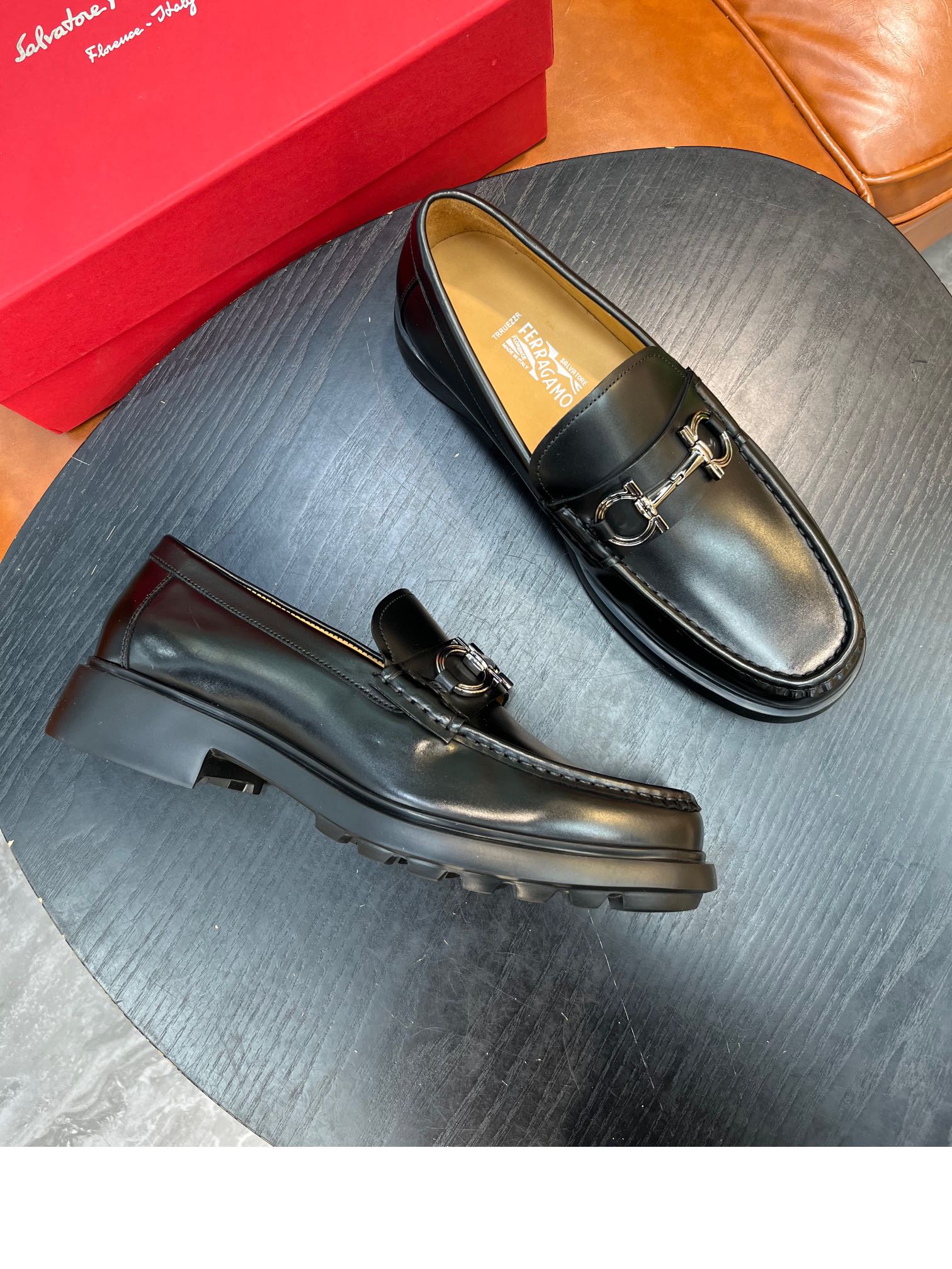 Salvatore Ferragamo Men's Black Leather Loafers with Metal Buckle 9 i1717145496 1866 7