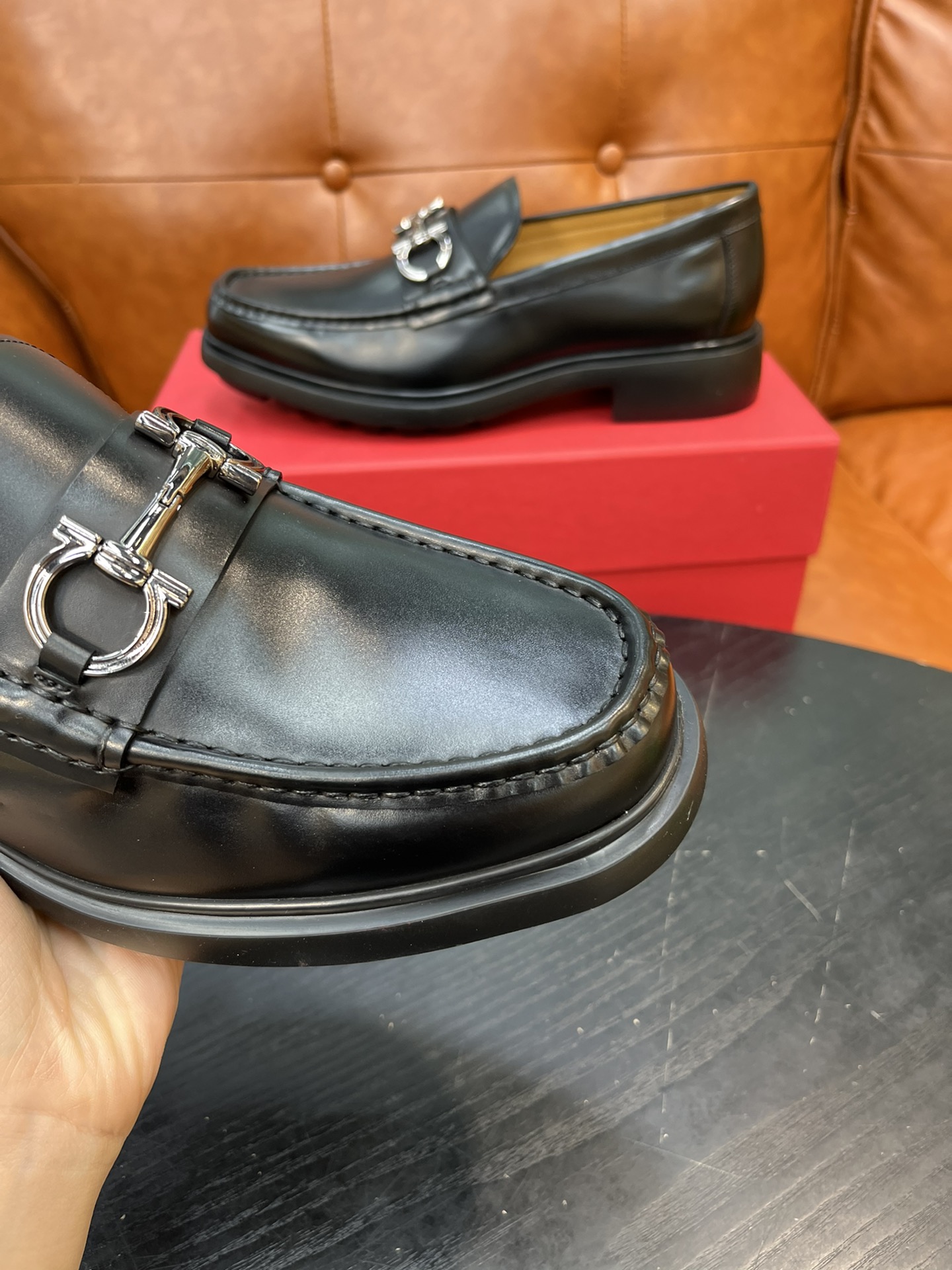 Salvatore Ferragamo Men's Black Leather Loafers with Metal Buckle 5 i1717145496 2405 3