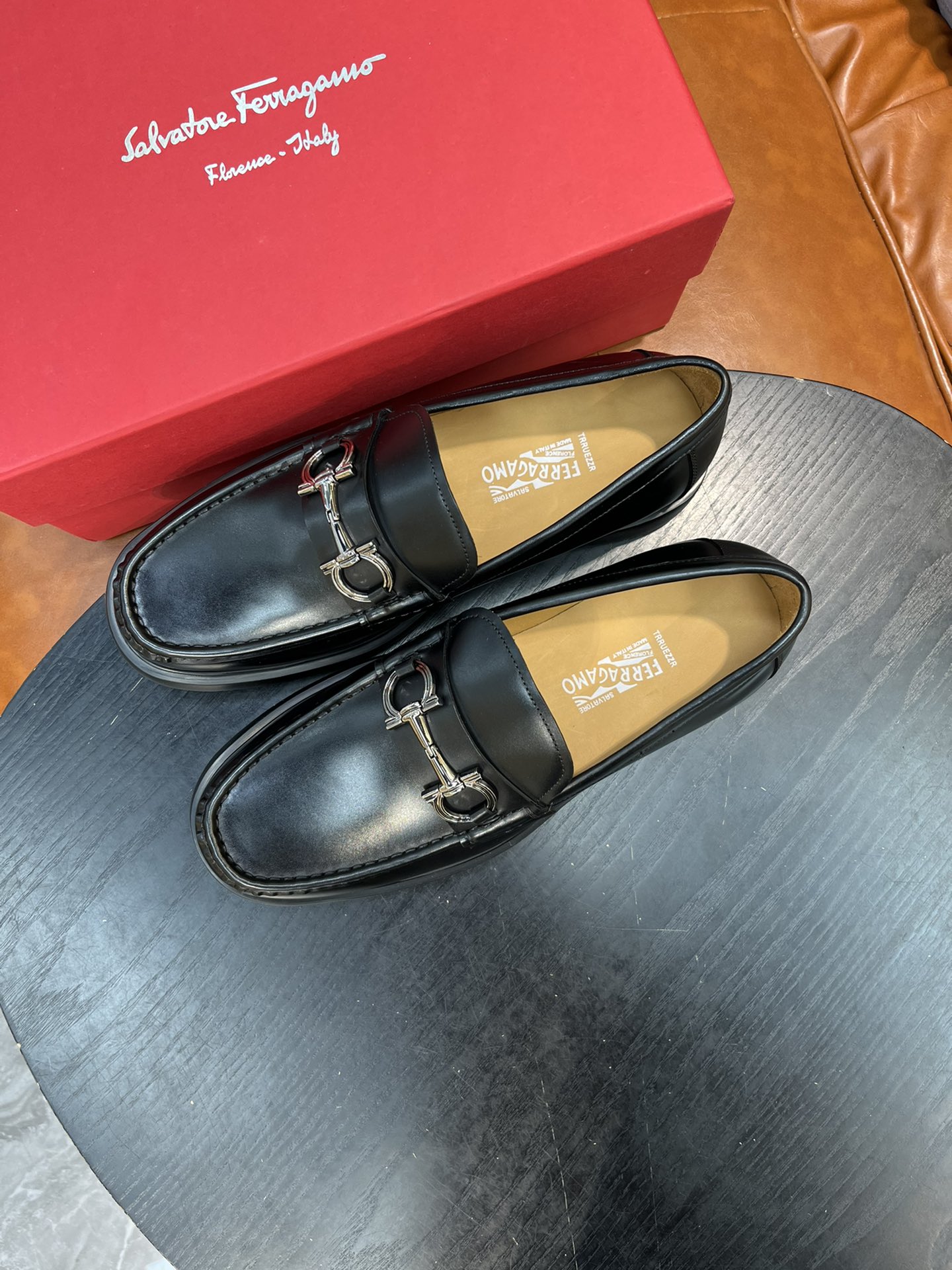 Salvatore Ferragamo Men's Black Leather Loafers with Metal Buckle 3 i1717145496 2943 1